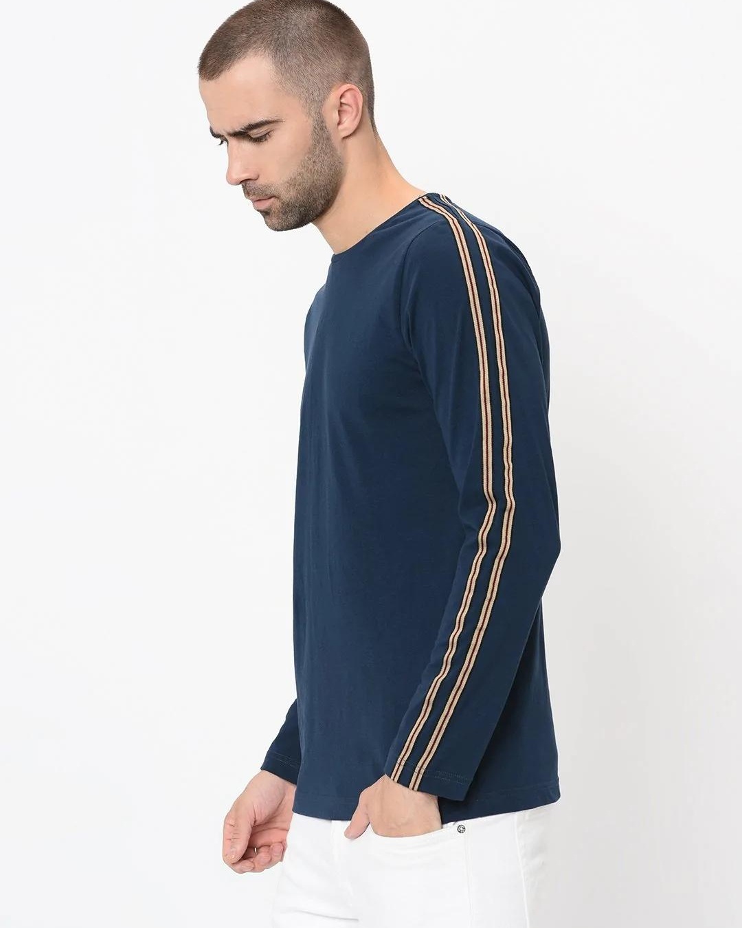 Shop Men's Blue Striped Slim Fit T-shirt-Back