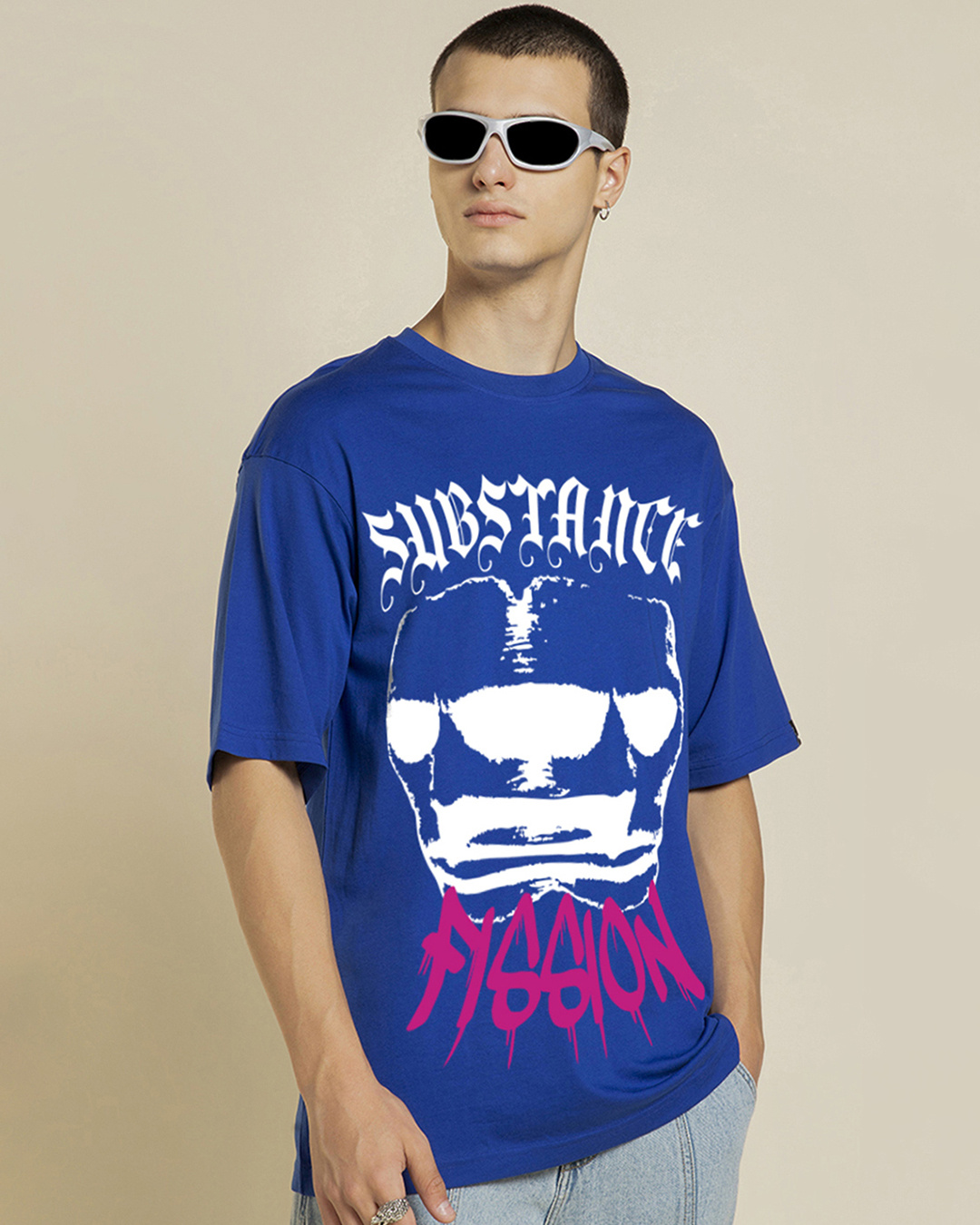 Shop Men's Blue Substance Graphic Printed Oversized T-shirt-Back