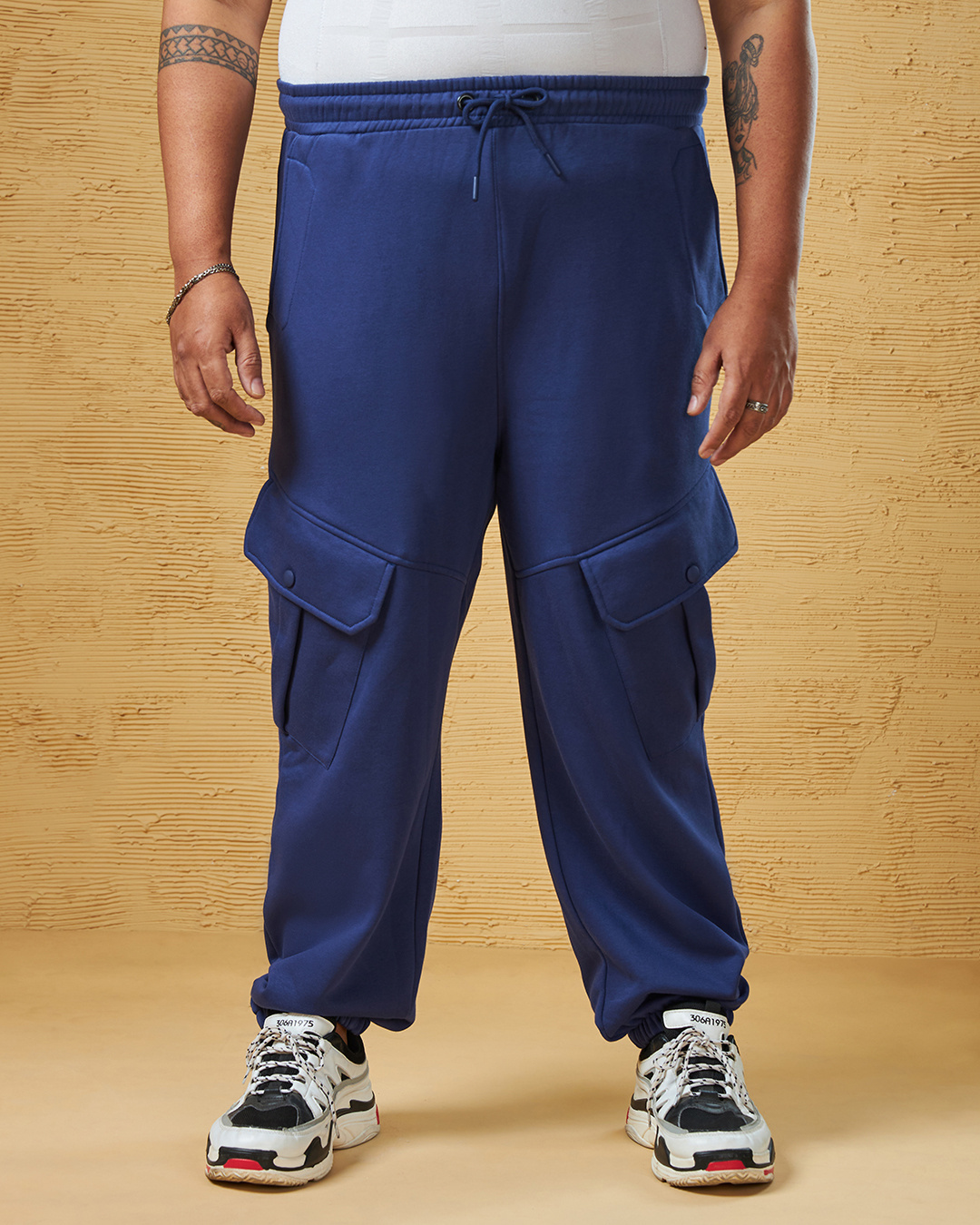 Shop Men's Blue Super Loose Fit Plus Size Cargo Joggers-Back