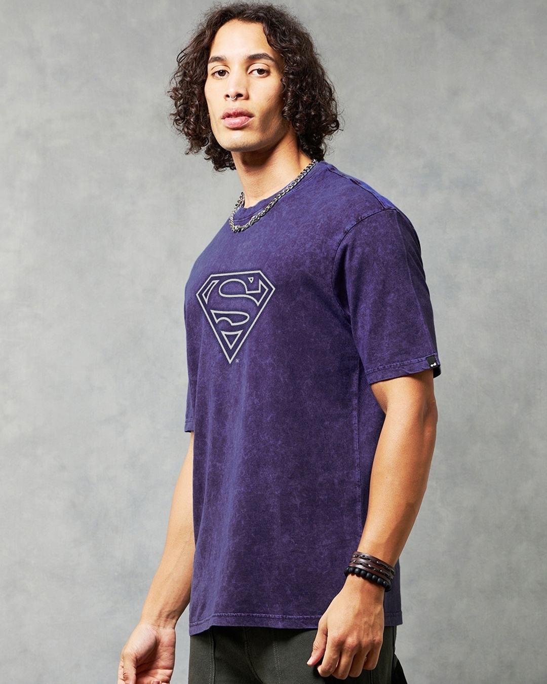 Shop Men's Blue Superman Fade Graphic Printed Oversized Acid Wash T-shirt-Back