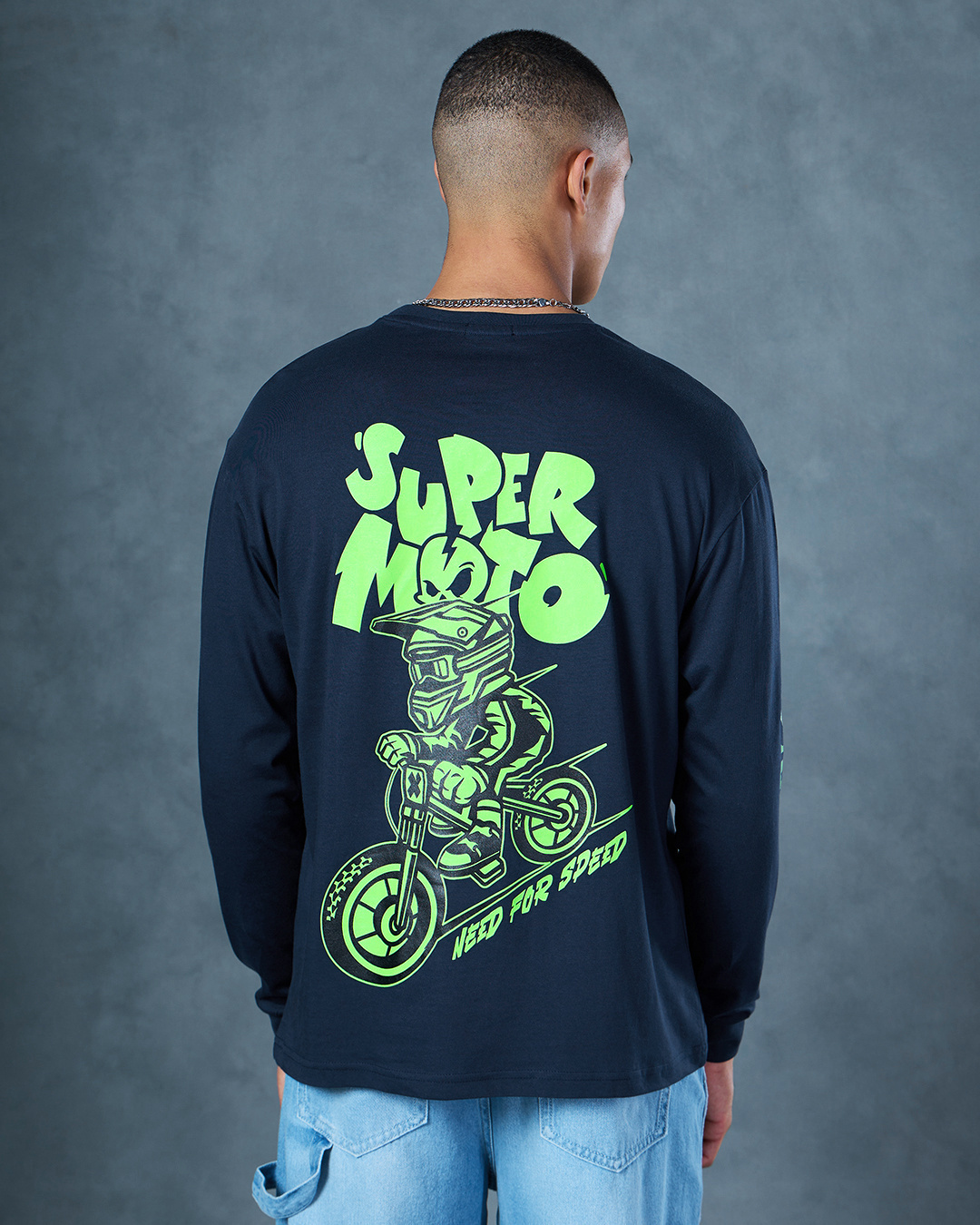 Shop Men's Blue Supermoto Graphic Printed Oversized T-shirt-Back