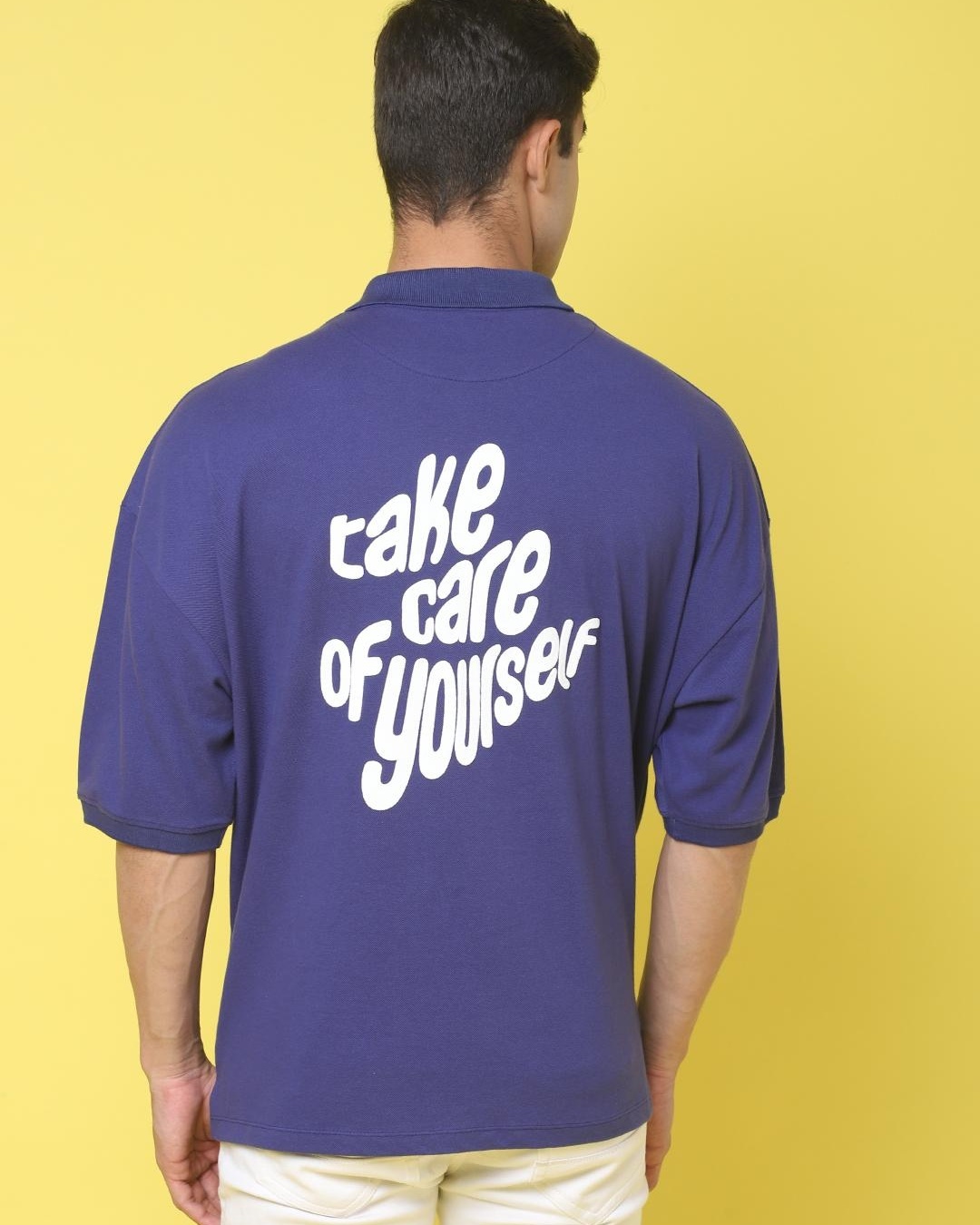 Shop Men's Blue Take Care Typography Super Loose Fit Polo T-shirt-Back
