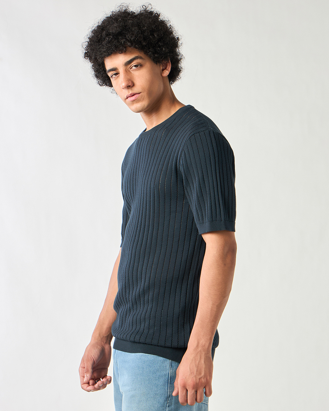 Shop Men's Blue Textured Flatknit T-shirt-Back