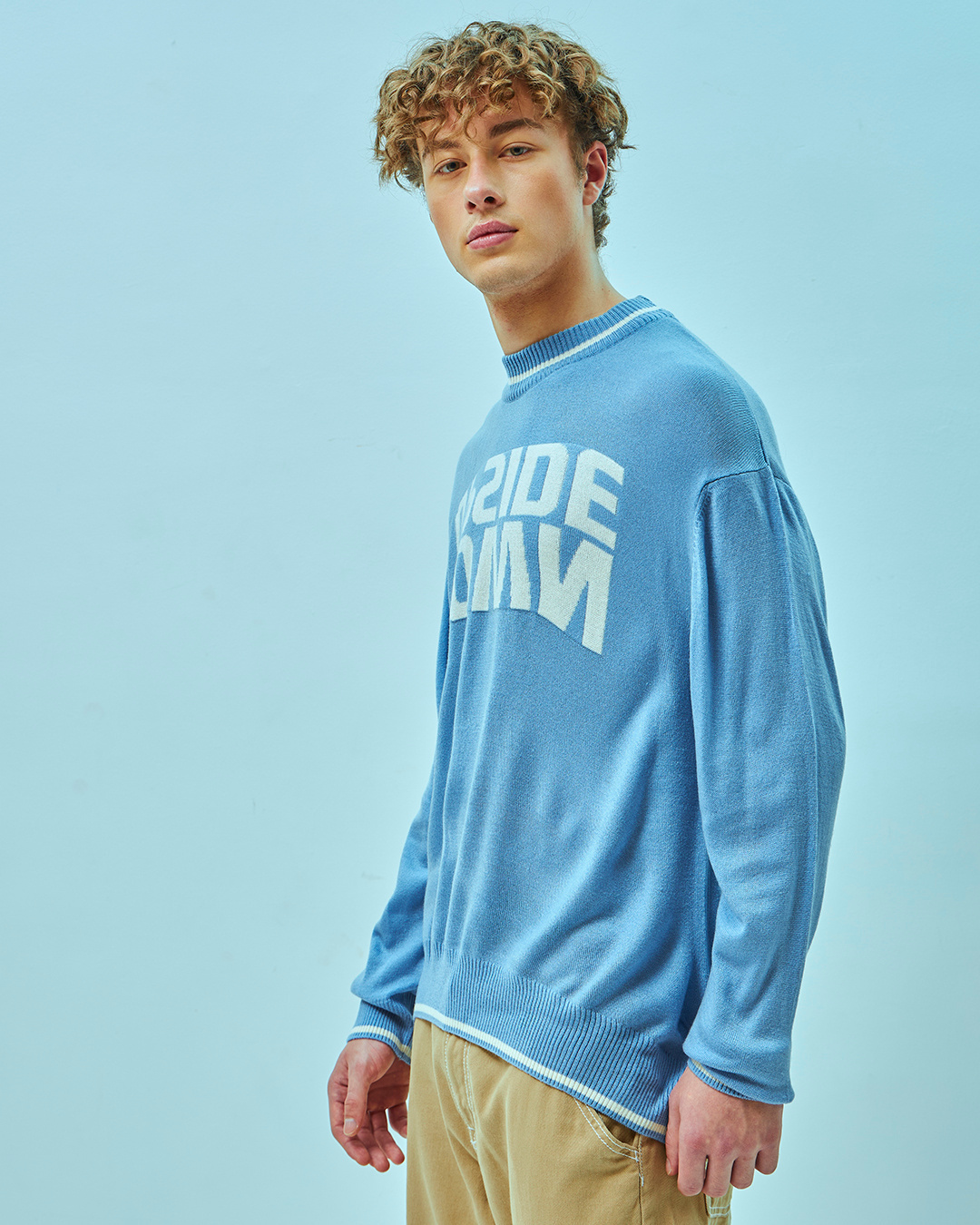 Shop Men's Blue Upside Down Typography Flatknit Sweater-Back