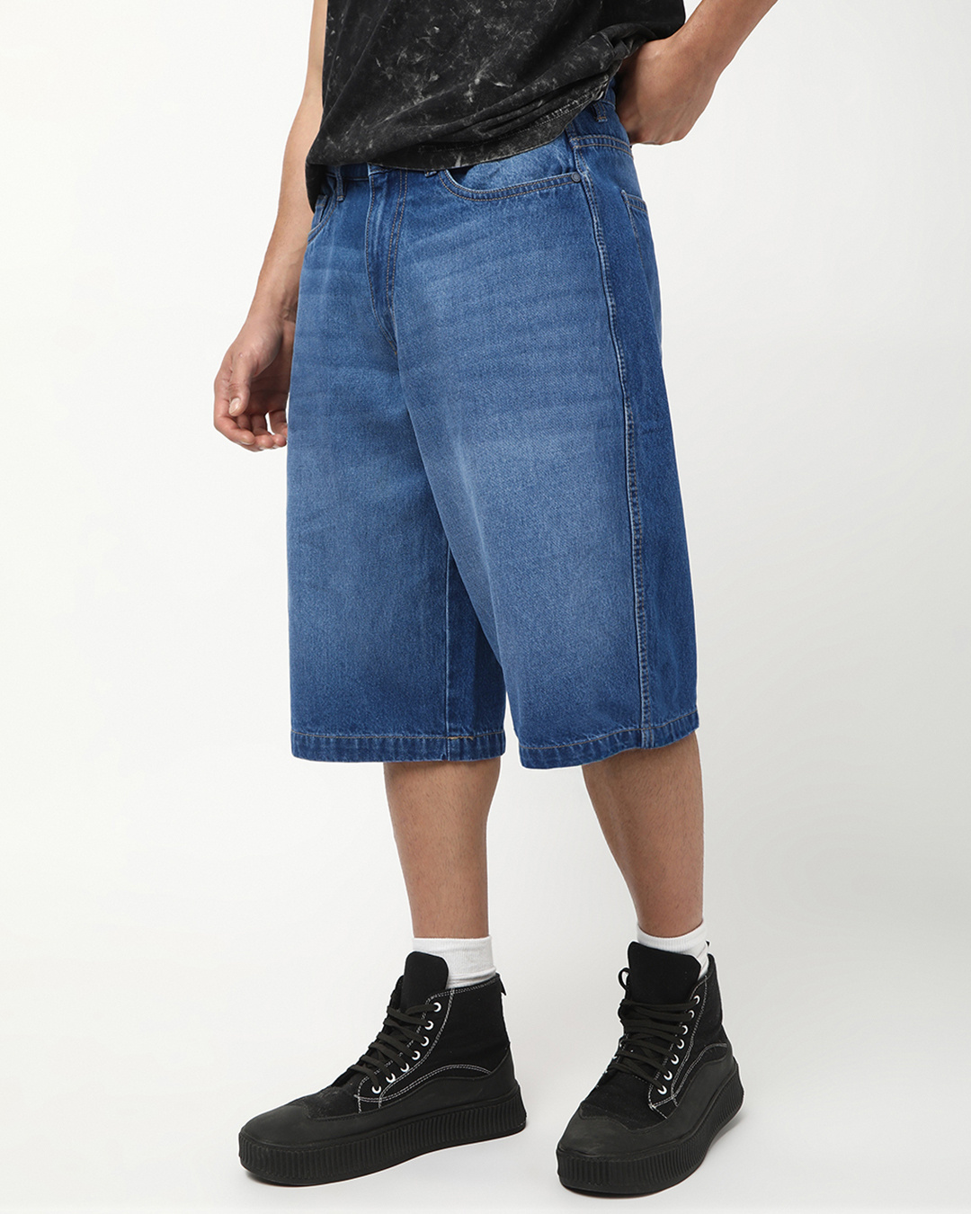 Shop Men's Blue Washed Baggy Fit  Shorts-Back