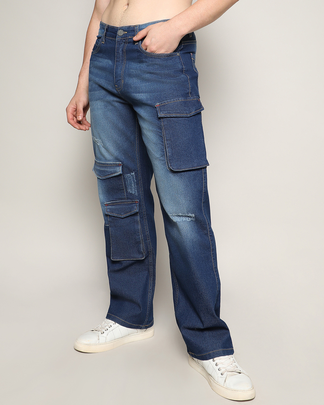 Shop Men's Blue Washed Relaxed Fit Cargo Jeans-Back
