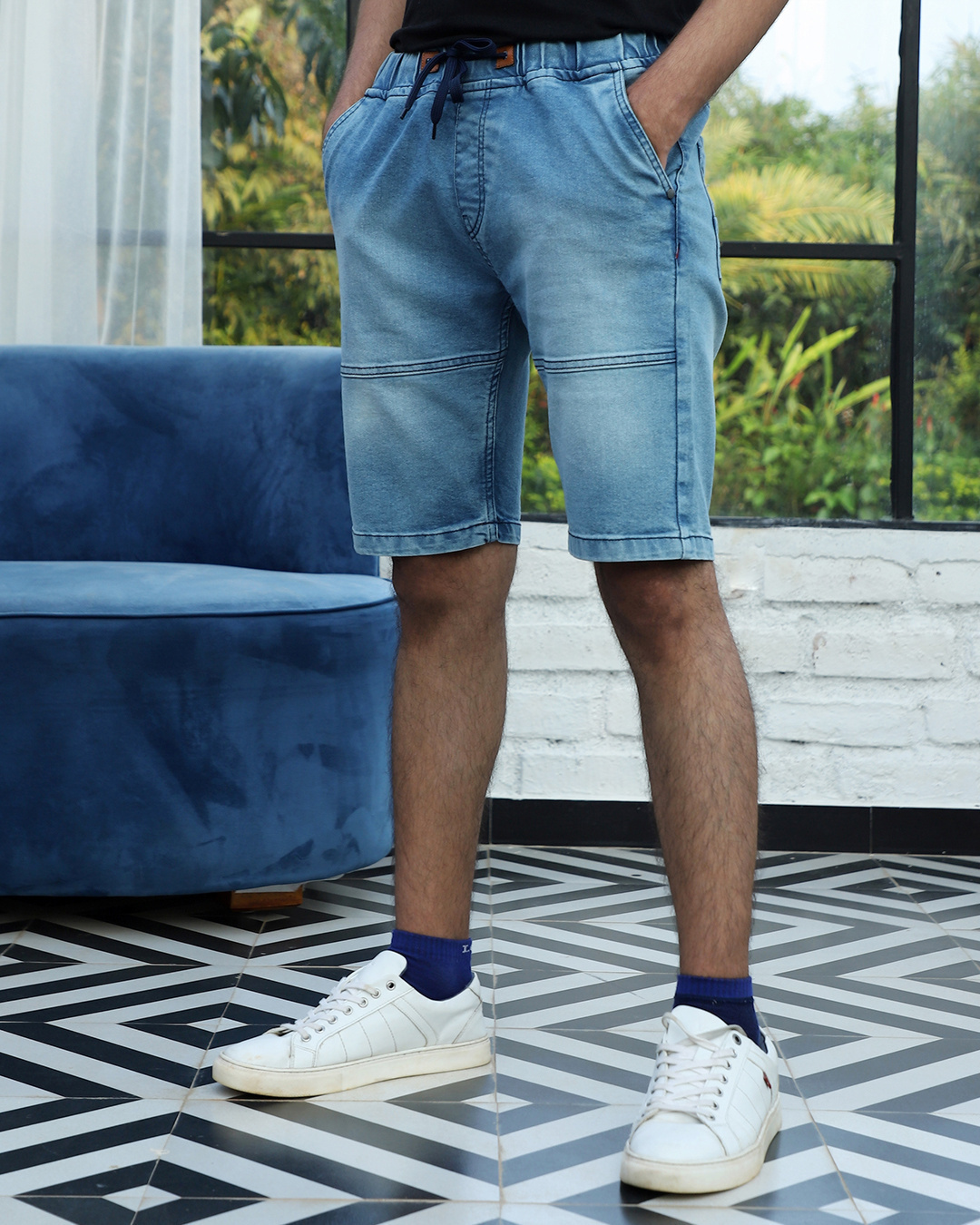 Shop Men's Blue Washed Contrast Stitch Denim Shorts-Back