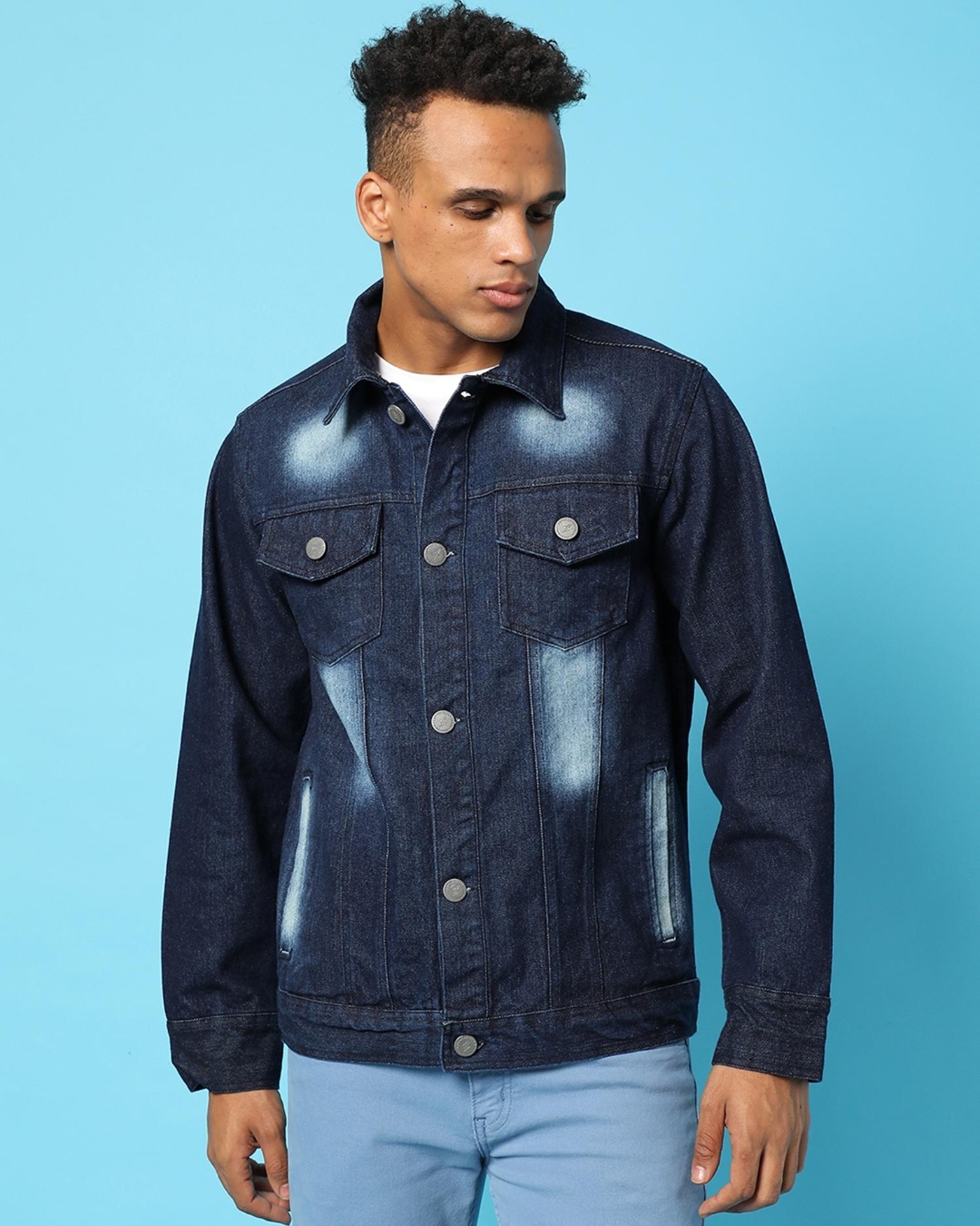 Buy Mens Blue Washed Denim Jacket Online At Bewakoof