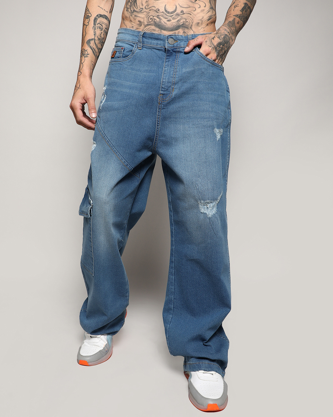 Shop Men's Blue Washed Distressed Oversized Cargo Jeans-Back