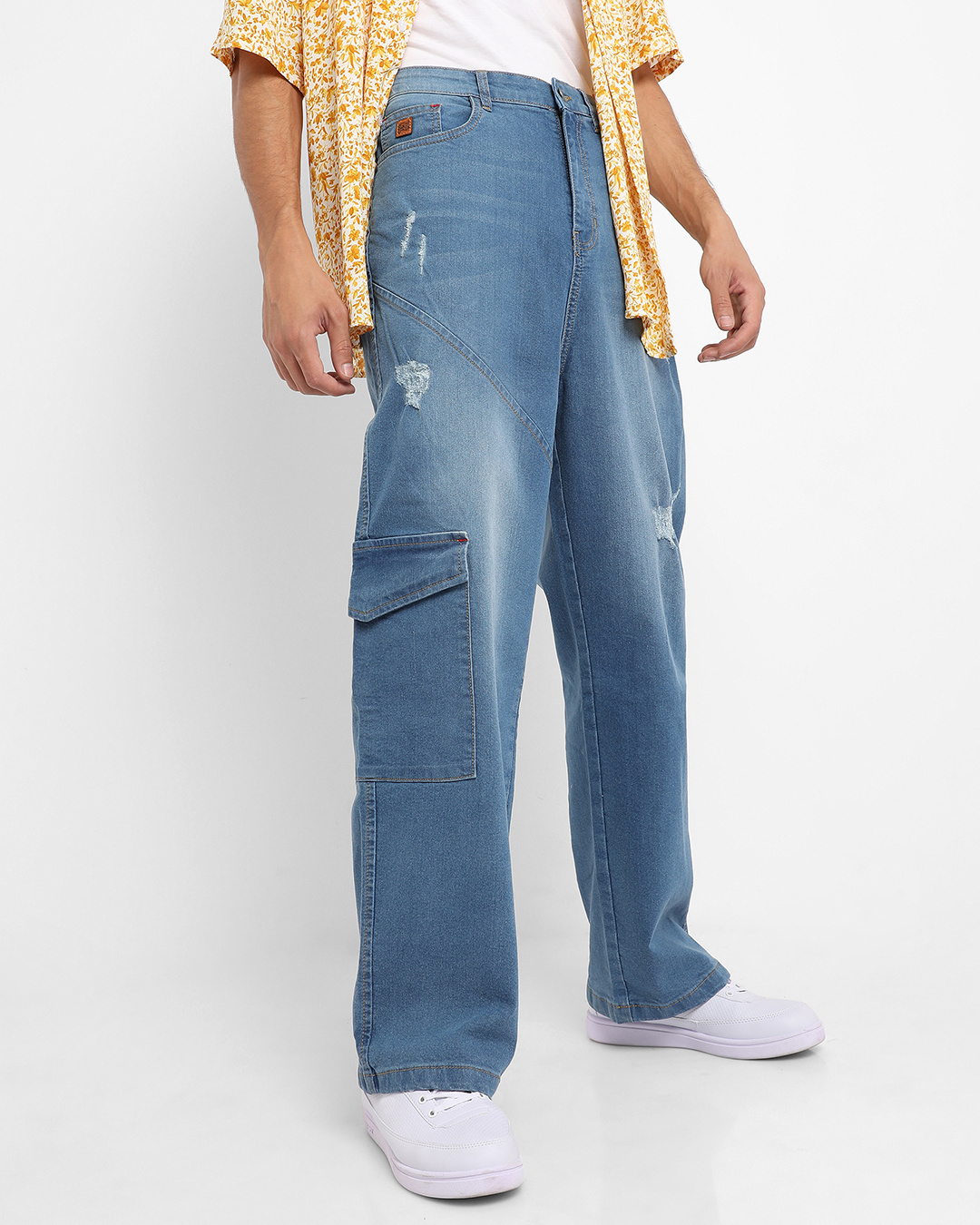 Buy Men's Blue Washed Baggy Distressed Cargo Jeans Online at Bewakoof