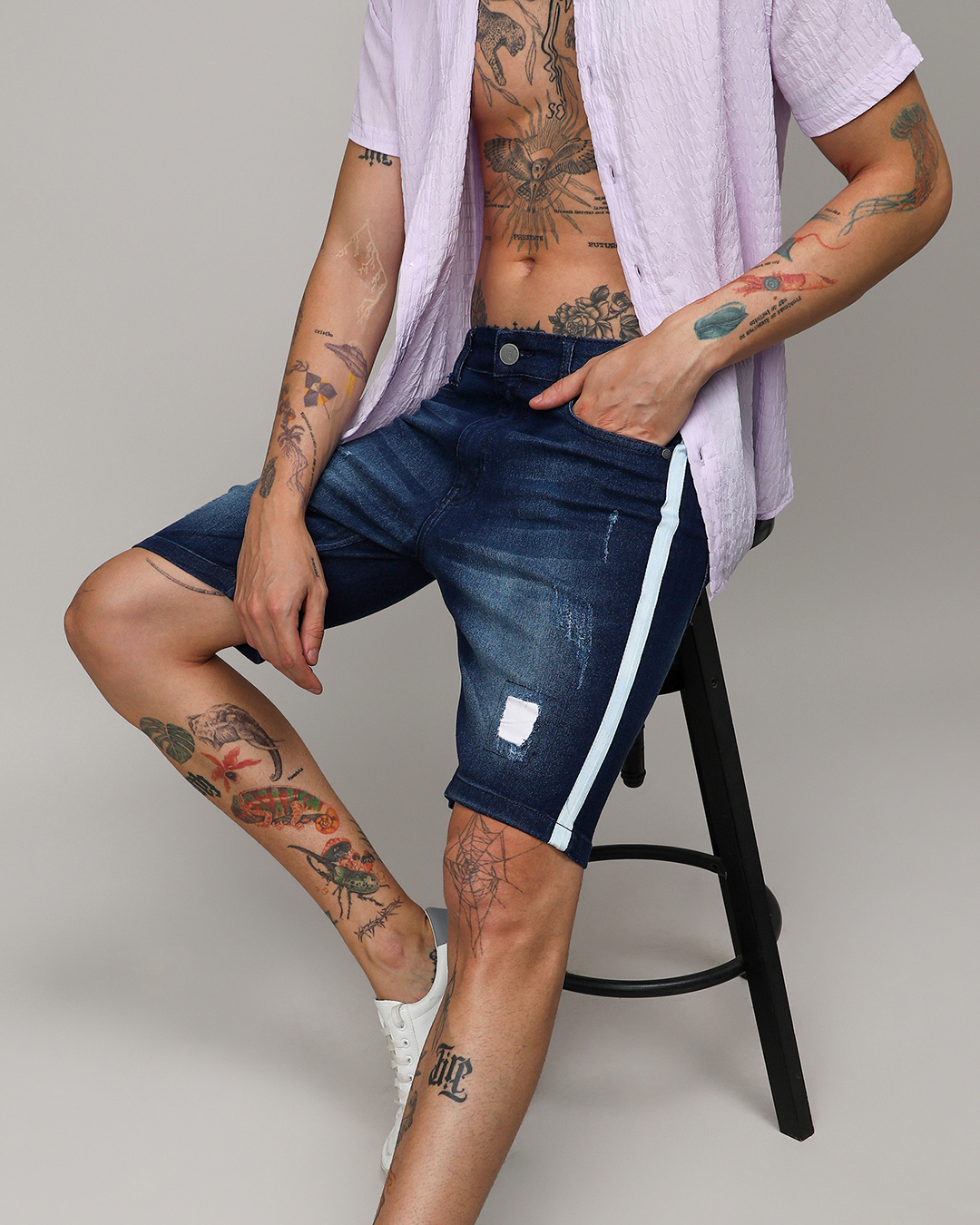 Men's Tooled Denim Short - Mid Blue Wash