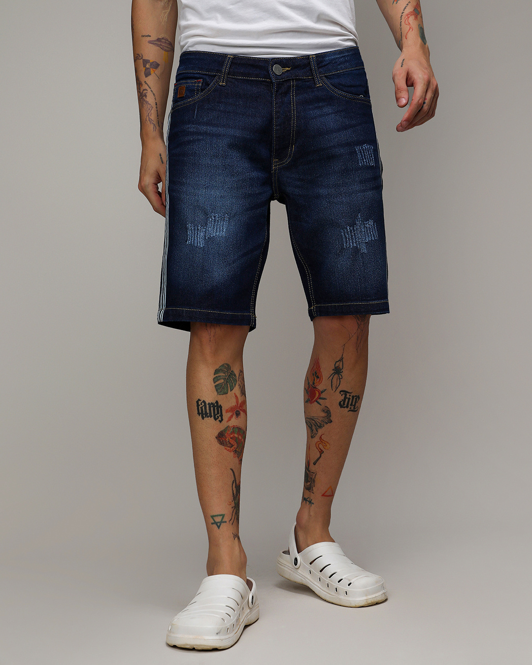 Shop Men's Blue Washed Distressed Denim Shorts-Back