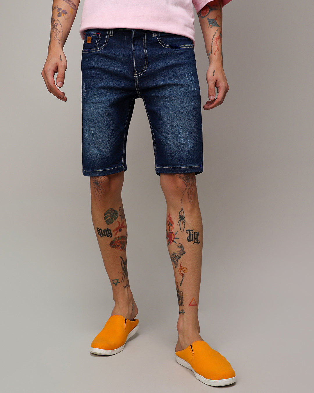Shop Men's Blue Washed Distressed Denim Shorts-Back
