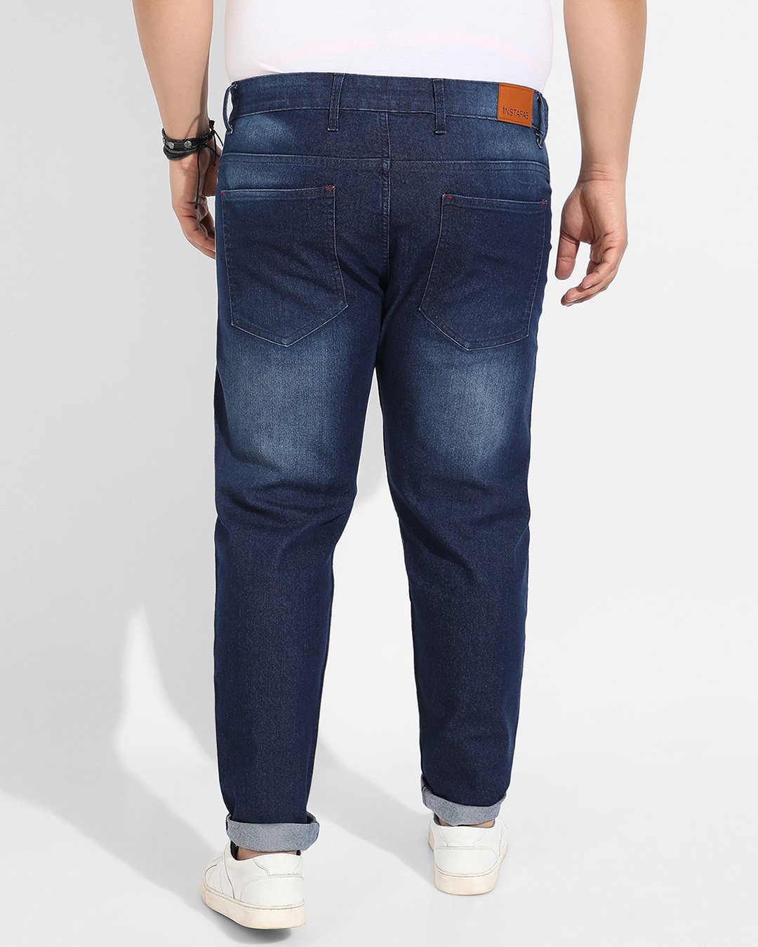 Shop Men's Blue Washed Distressed Plus Size Jeans-Back