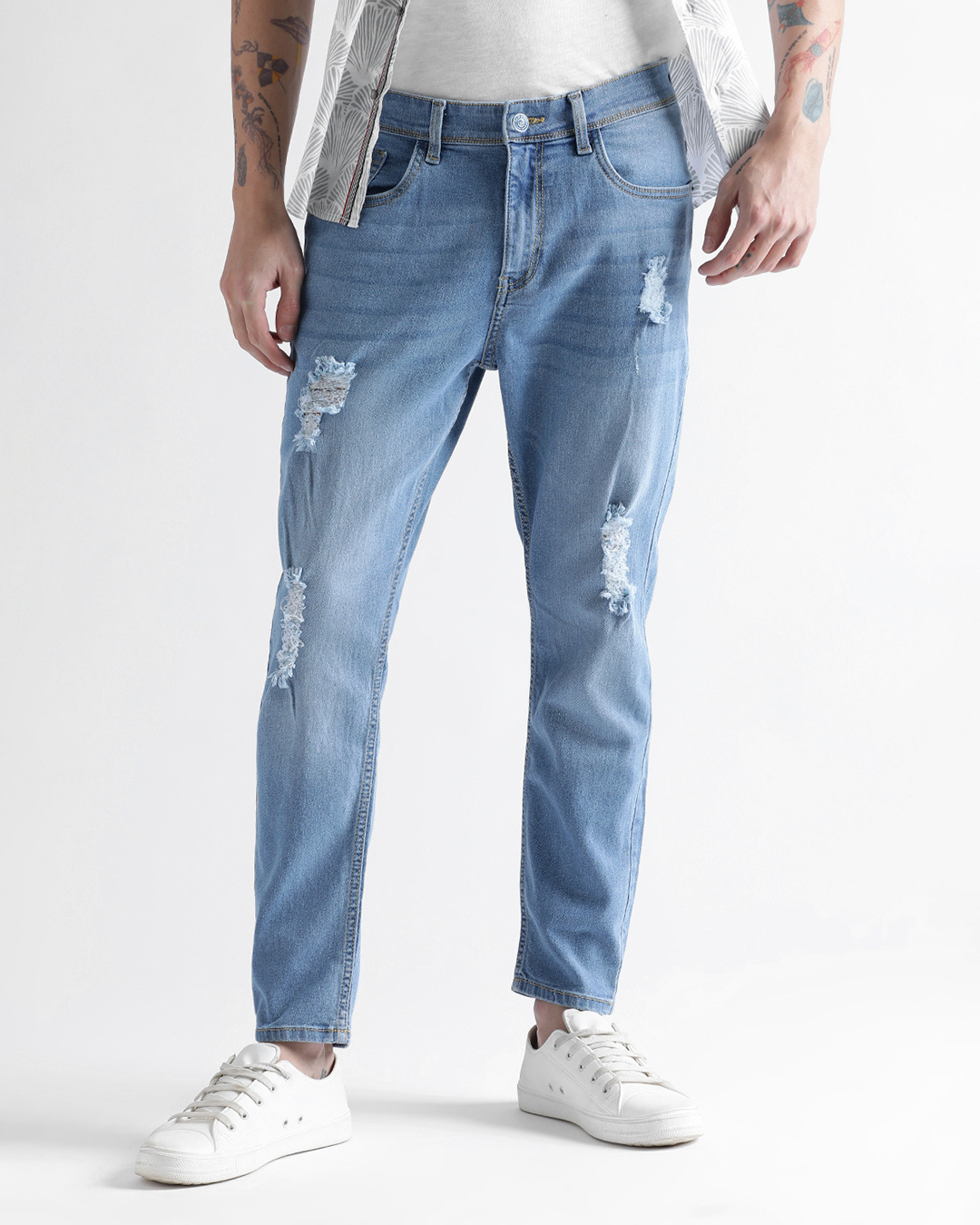 Men Blue Washed Front Distressed Wide Leg Jeans