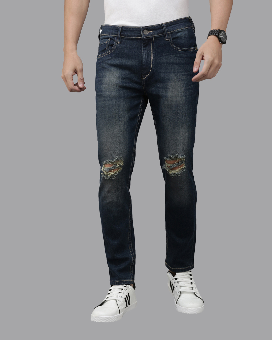 Men Blue Distressed Whisker Wash Wide Leg Jeans