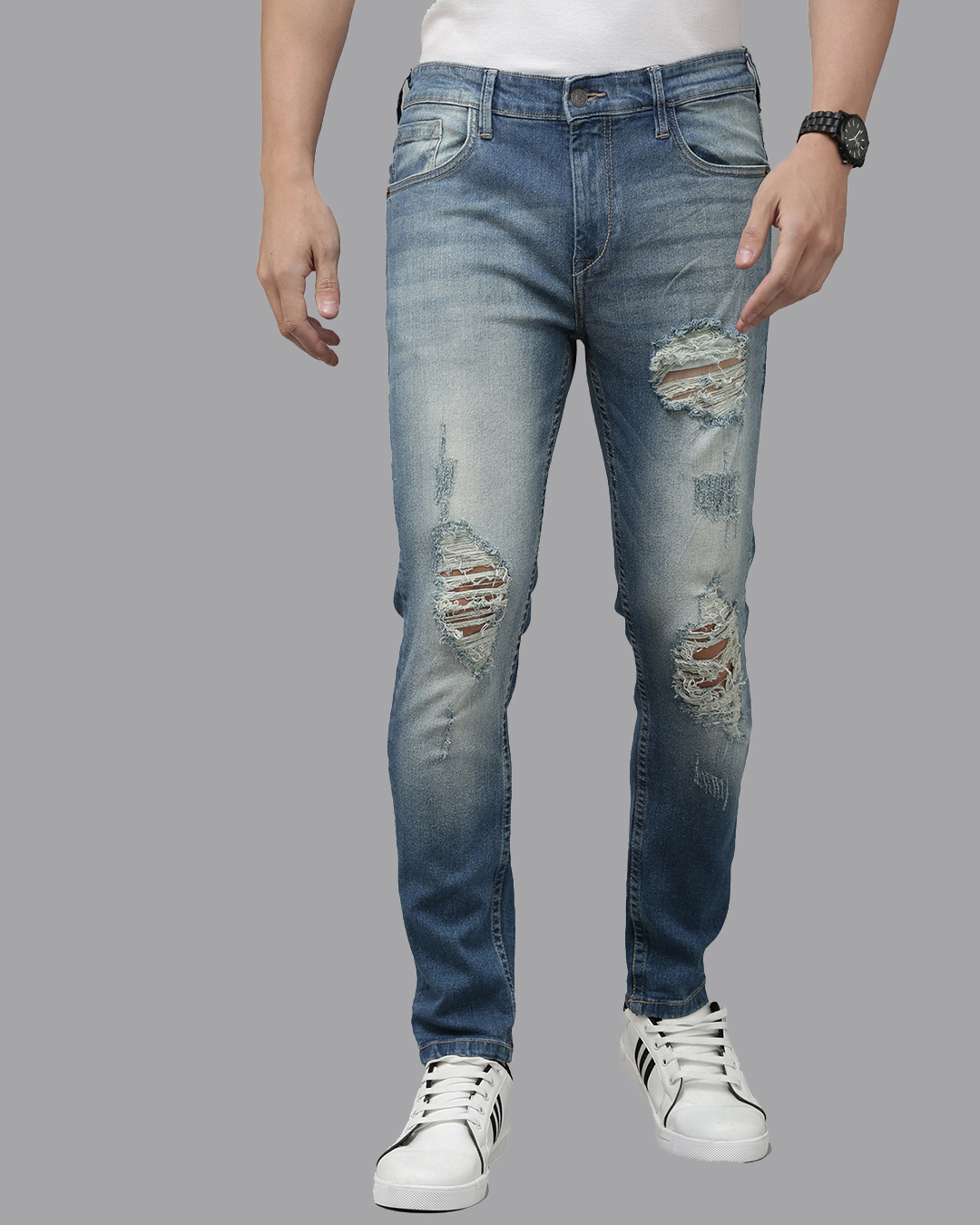 Men Blue Washed Knee Distressed Wide Leg Jeans