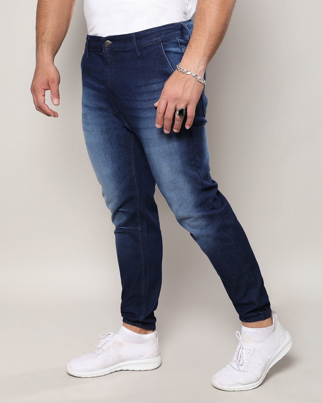 Shop Men's Blue Washed Plus Size Jogger Jeans-Back