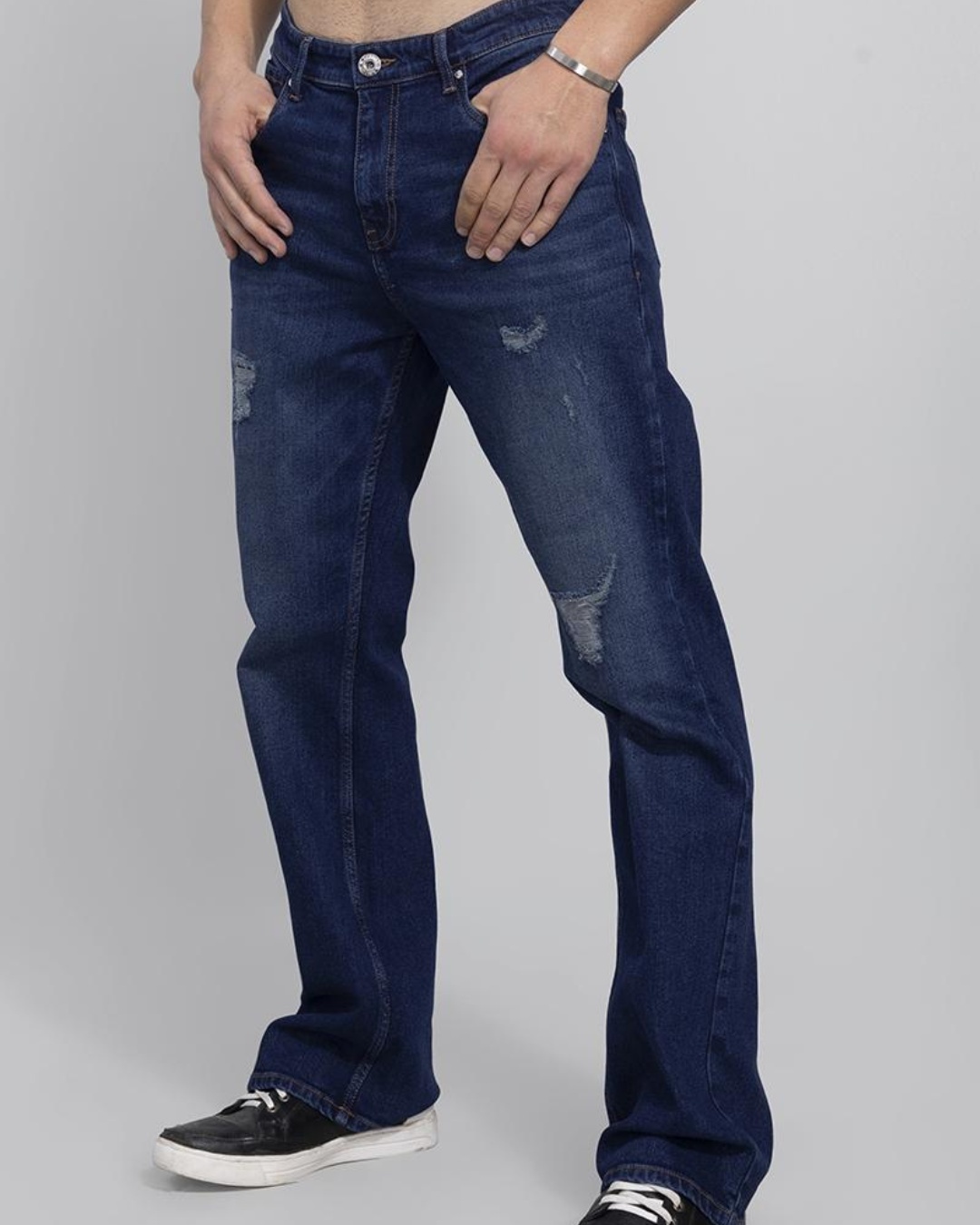 Shop Men's Blue Washed Ripped Bootcut Jeans-Back