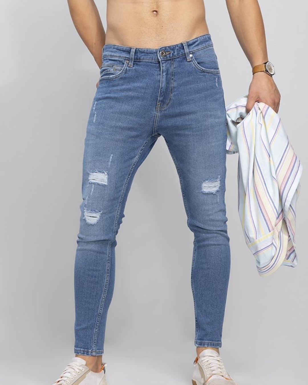 Buy Men's Blue Washed Skinny Fit Ripped Jeans Online at Bewakoof