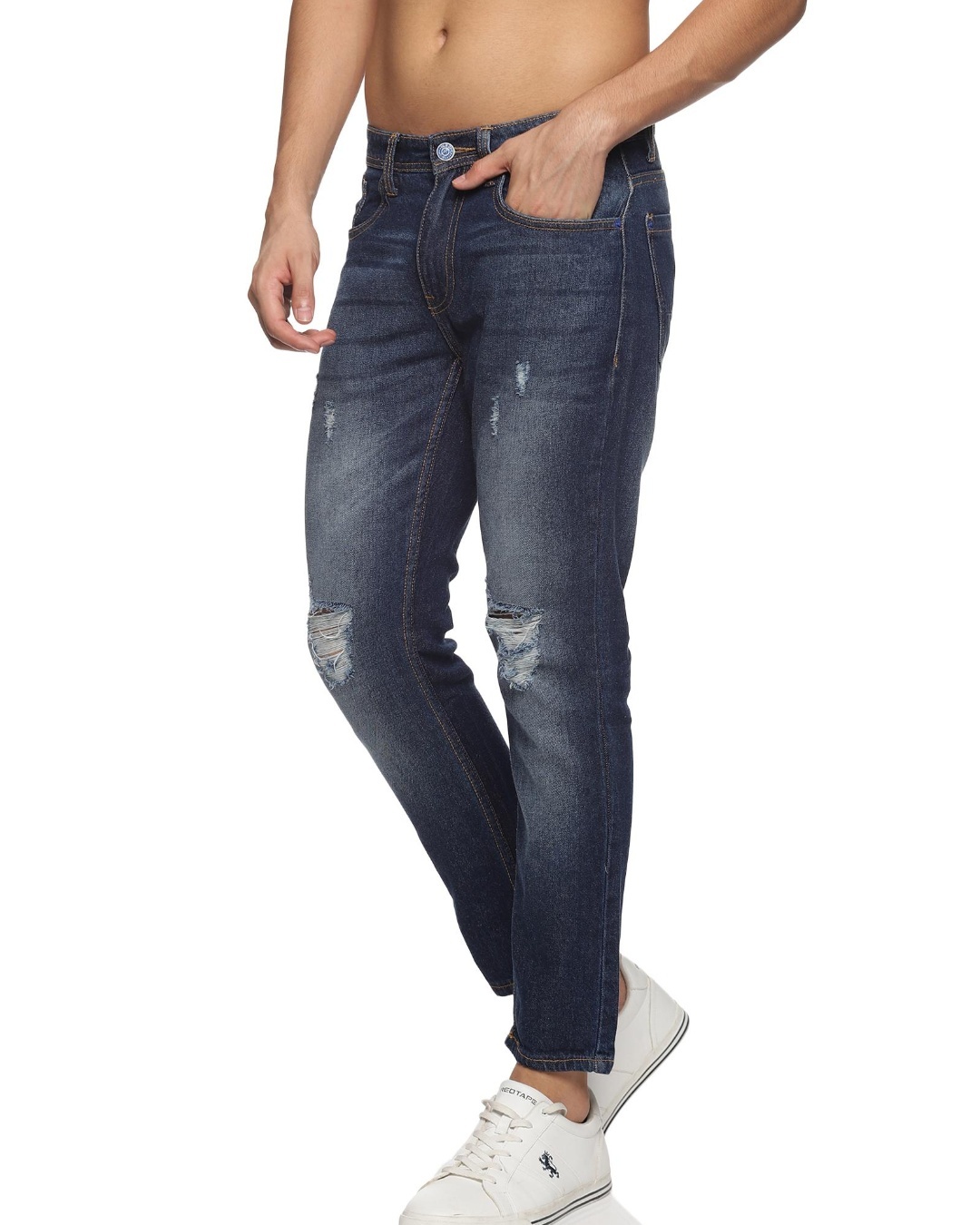 Shop Men's Blue Washed Slim Fit Distressed Jeans-Back