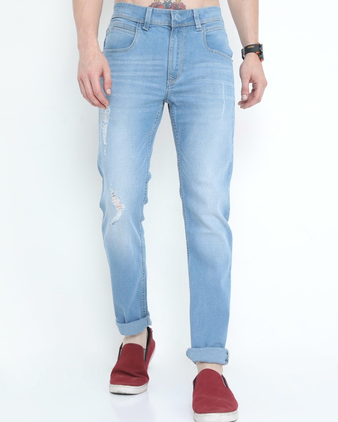 Buy Men's Blue Washed Slim Fit Distressed Jeans Online at Bewakoof