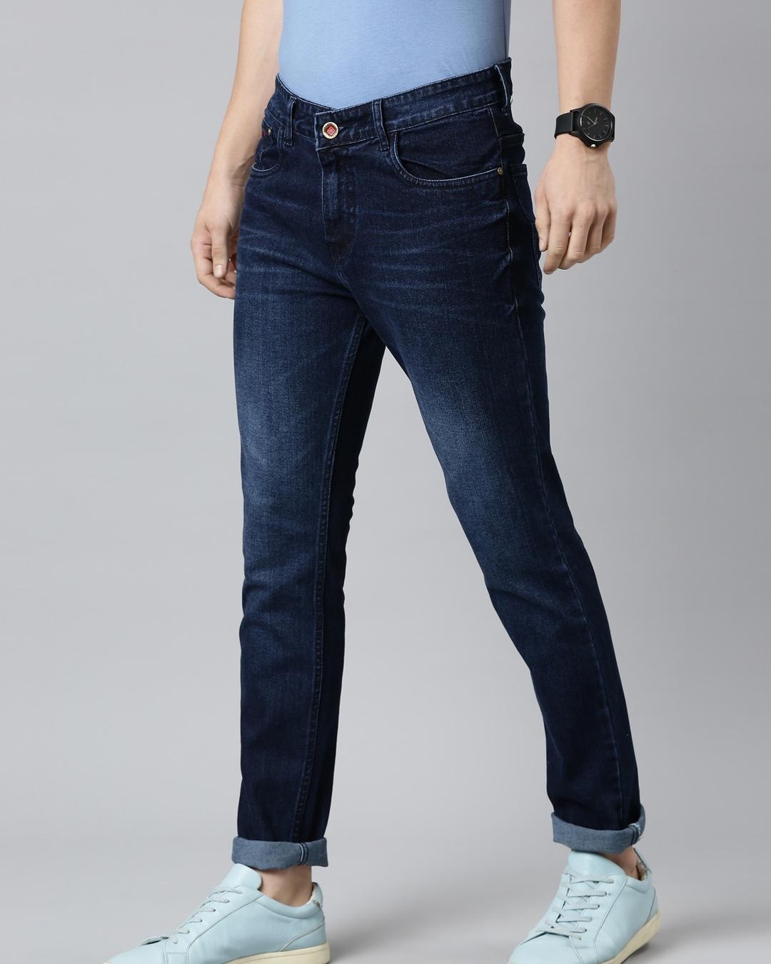 Shop Men's Blue Washed Slim Fit Jeans-Back