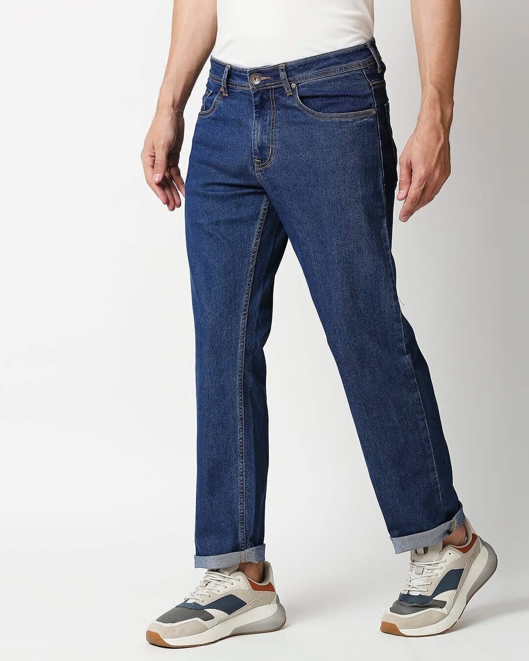 Shop Men's Blue Washed Slim Fit Mid Rise Jeans With Belt-Back