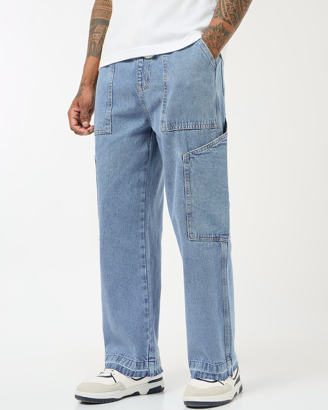 Shop Men's Blue Washed Straight Fit Cargo Mid-Rise Jeans-Back