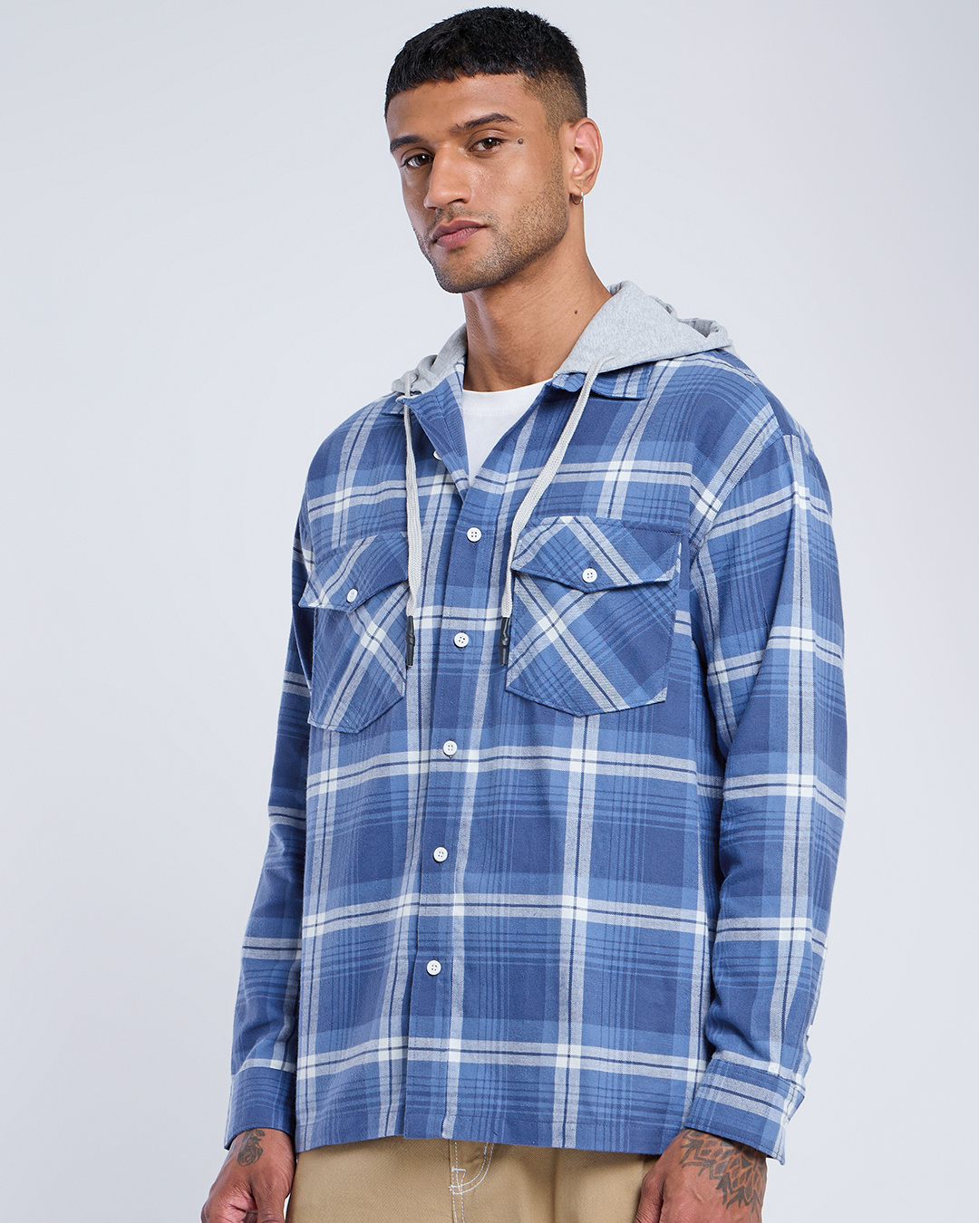 Shop Men's Blue & White Checked Oversized Hooded Shirt-Back