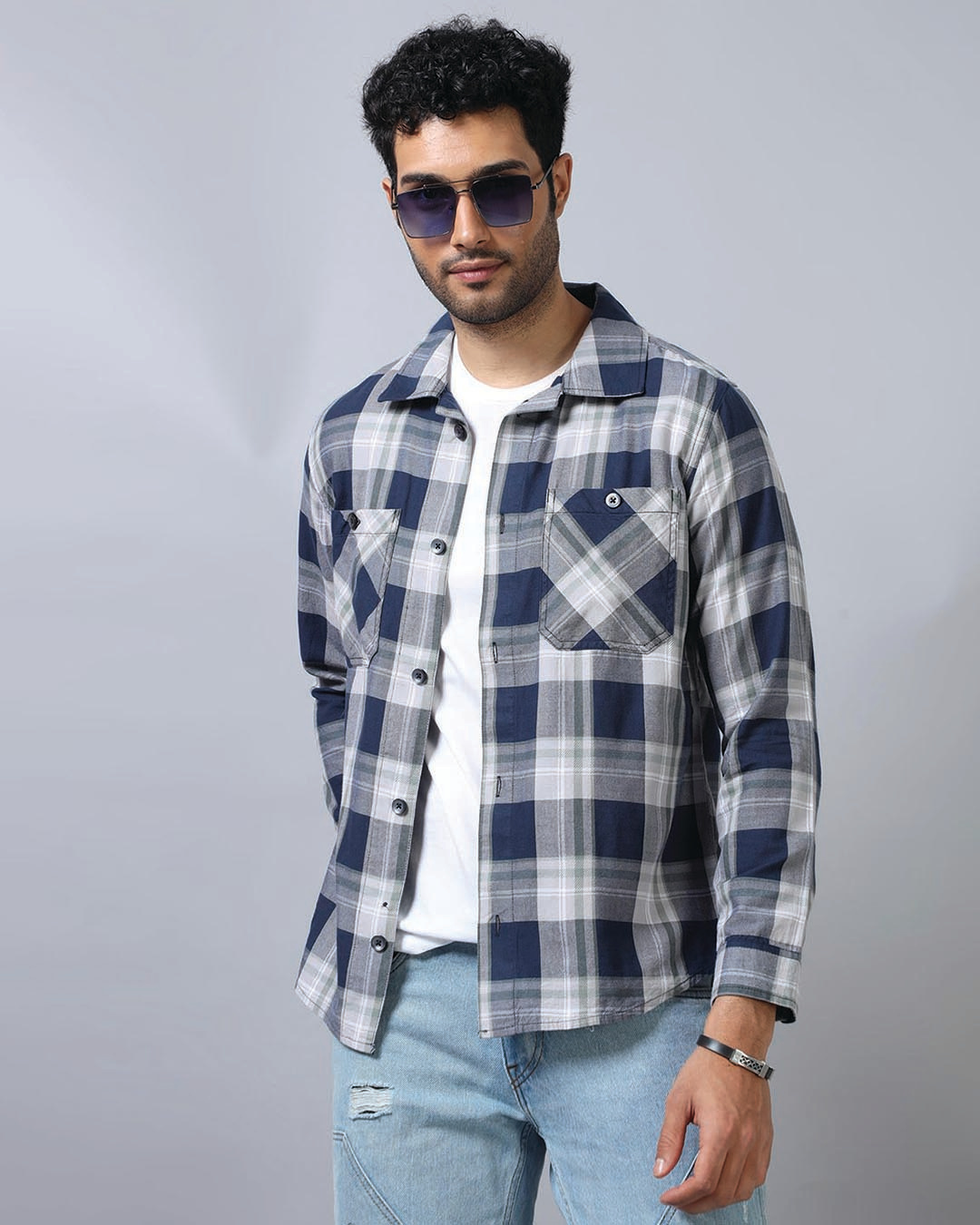 Shop Men's Blue & White Checked Shirt-Back