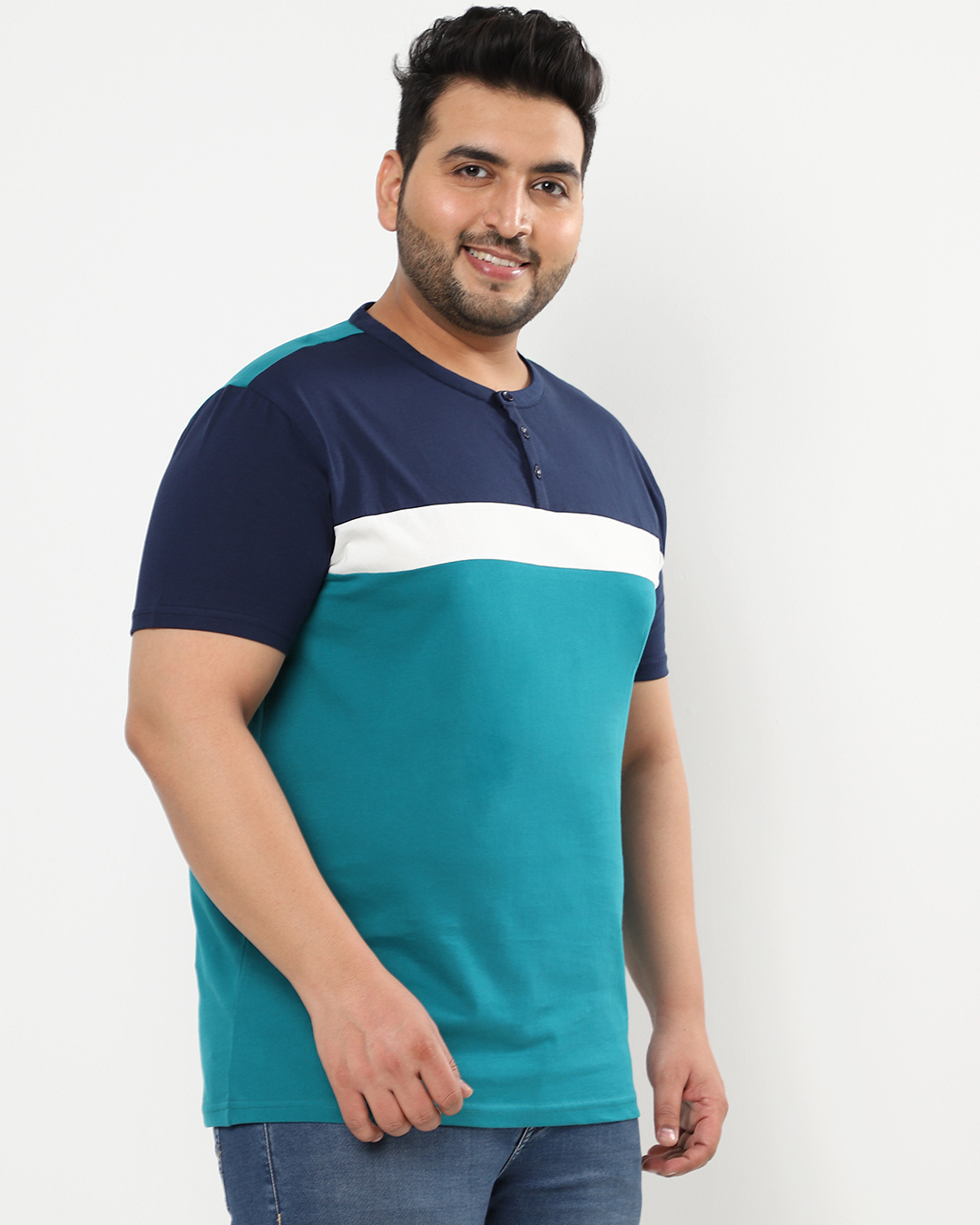 Shop Men's Blue & White Color Block Plus Size Henley T-shirt-Back