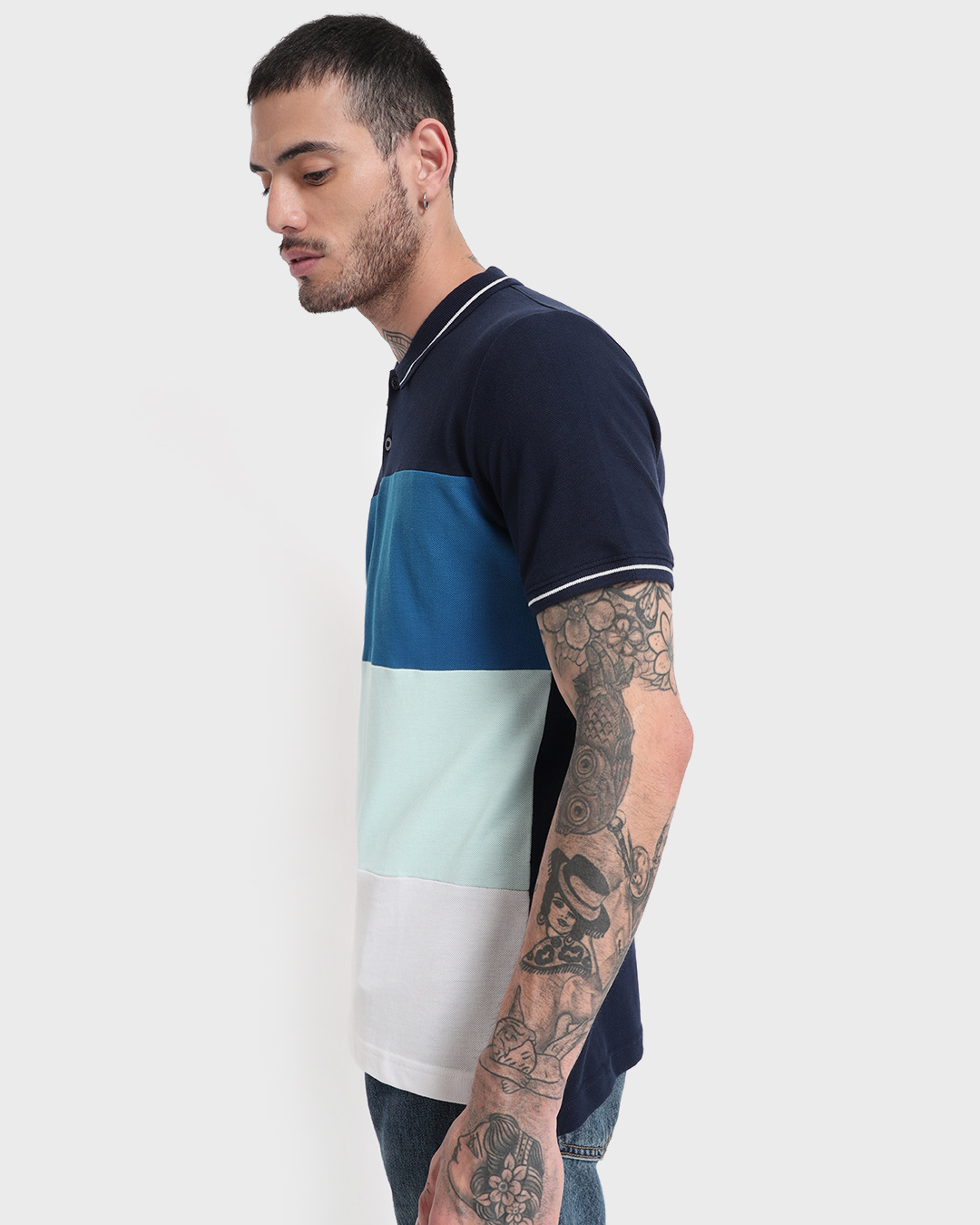 Shop Men's Blue & White Color Block Polo T-shirt-Back