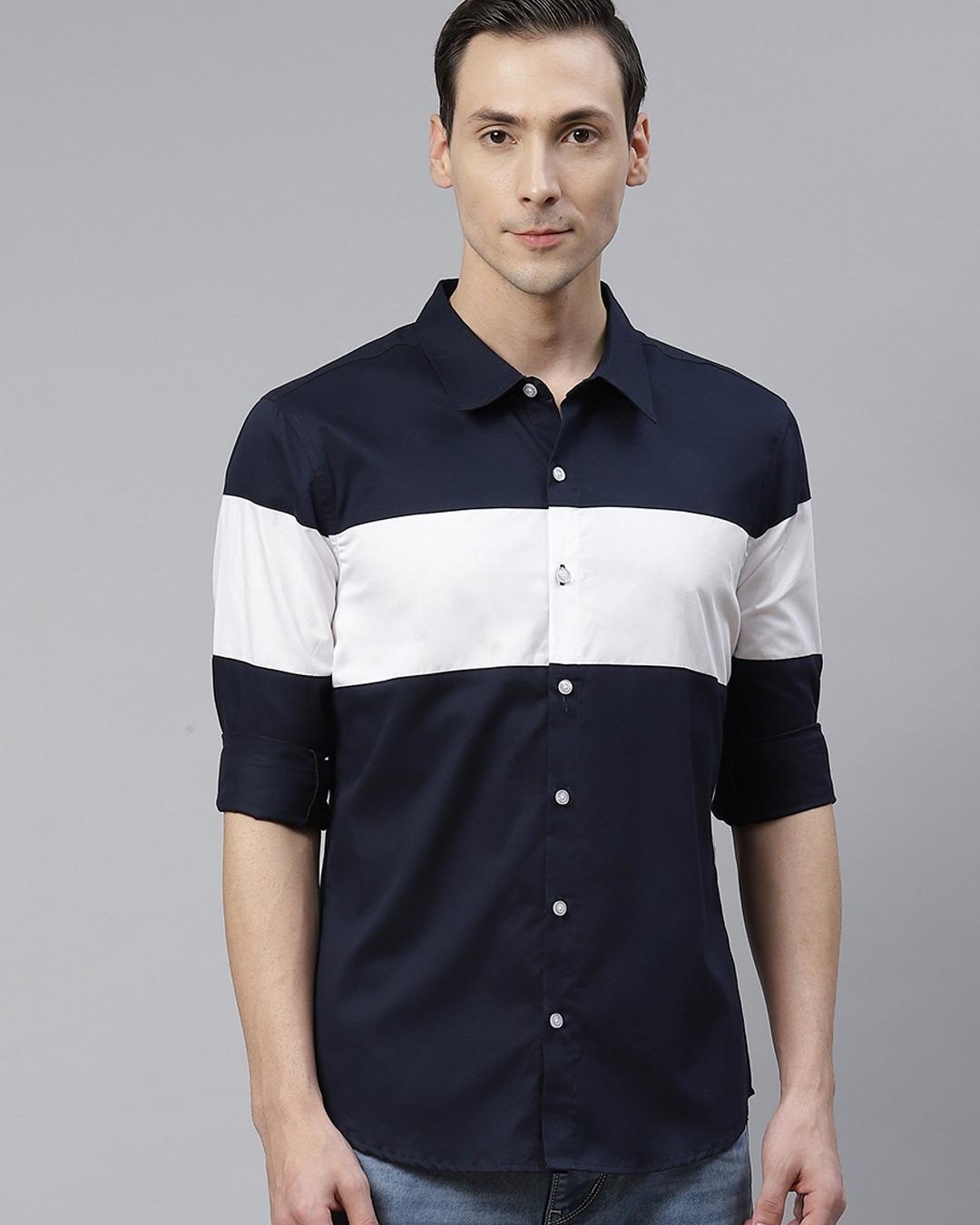 Shop Men's Blue & White Color Block Shirt-Back
