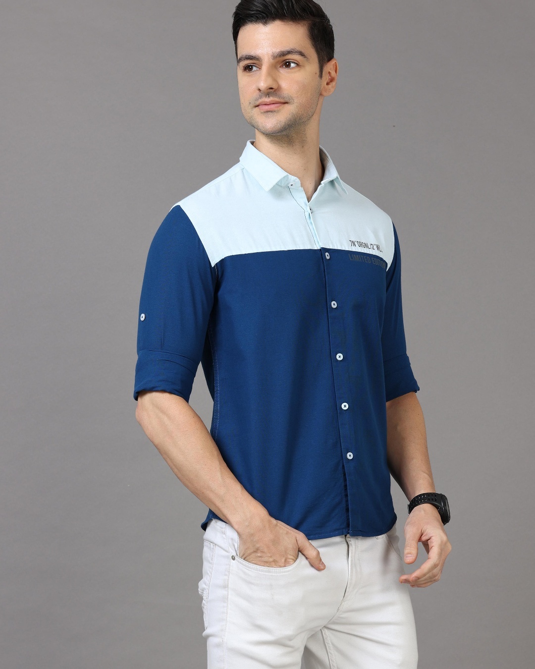 Shop Men's Blue & White Color Block Slim Fit Shirt-Back