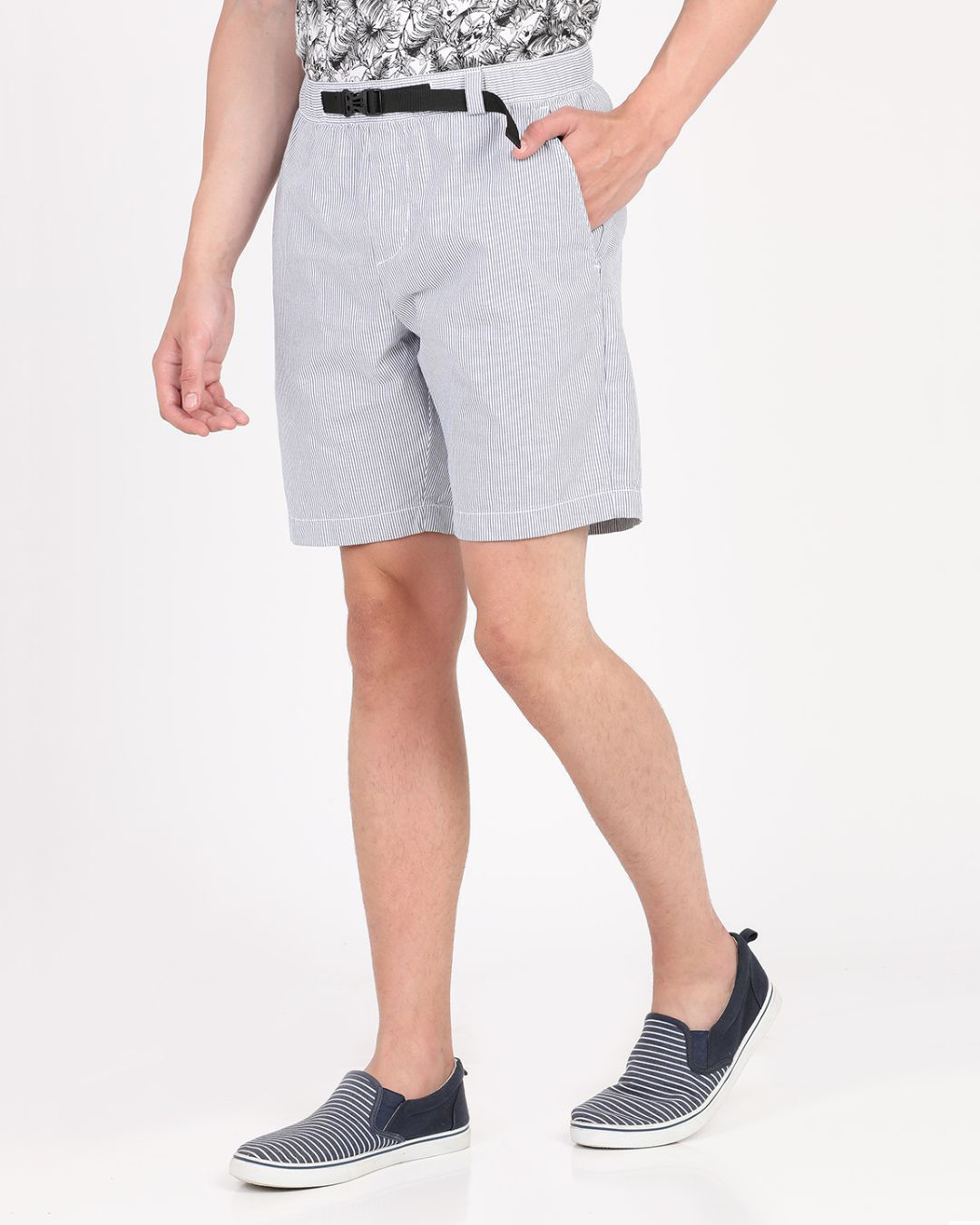 Shop Men's Blue & White Striped Slim Fit Cotton Shorts-Back