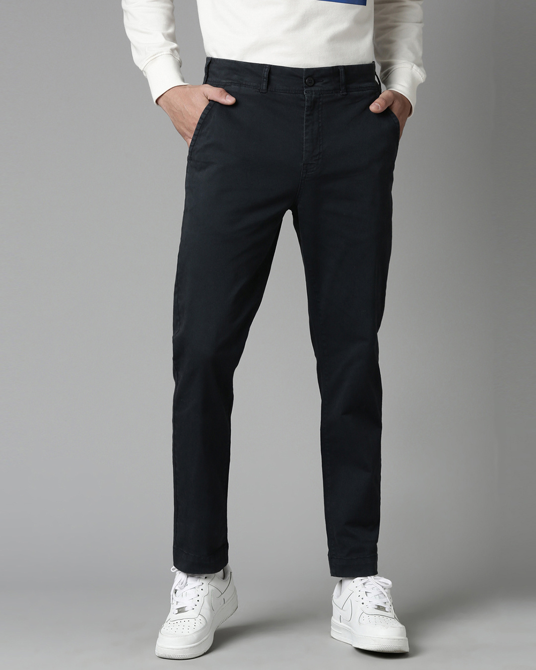 Men's Blue Solid Straight Fit Trousers