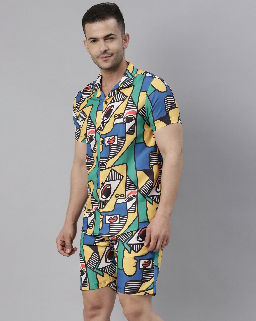 Shop Men's Blue & Yellow All Over Printed Co-ord Set-Back