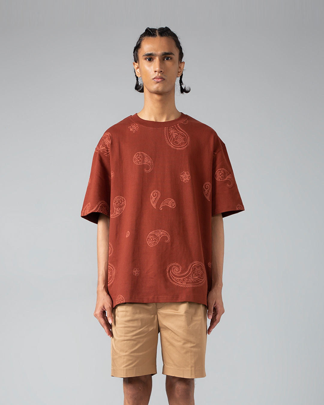 Shop Men's Brown Boho Paisley Printed Super Loose Fit T-shirt-Back