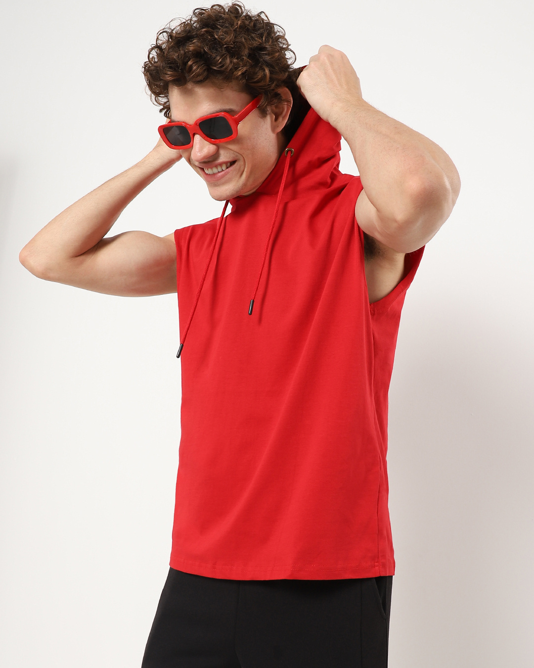 Shop Men's Bold Red Sleeveless Oversized Hoodie T-shirt-Front