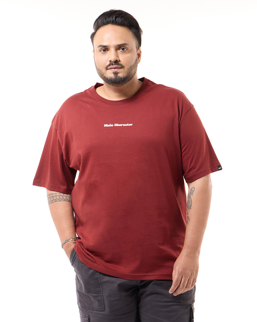 Shop Men's Brick Red Main Character Typography Oversized Plus Size T-shirt-Back