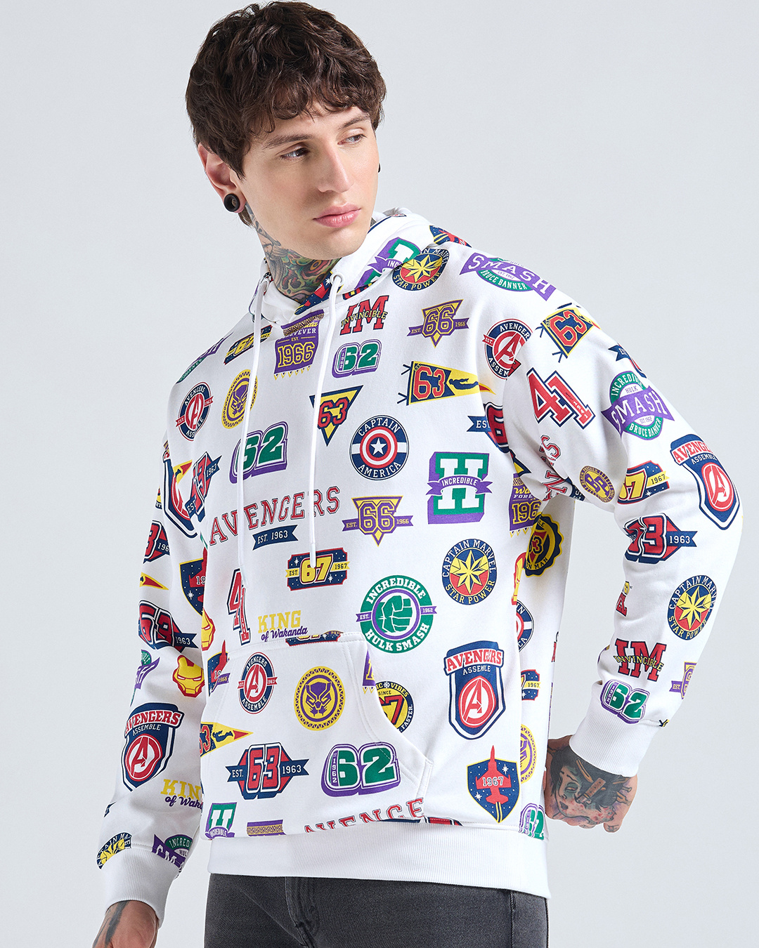 Shop Men's Bright White All Over Printed Oversized Hoodies-Back