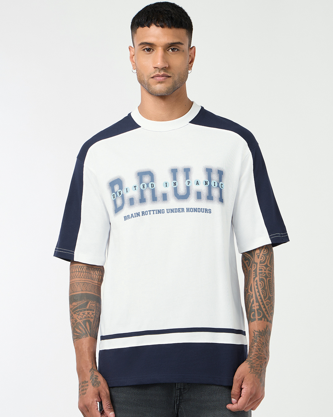 Shop Men's Bright White & Blue Bruh Color Block Oversized T-shirt-Back