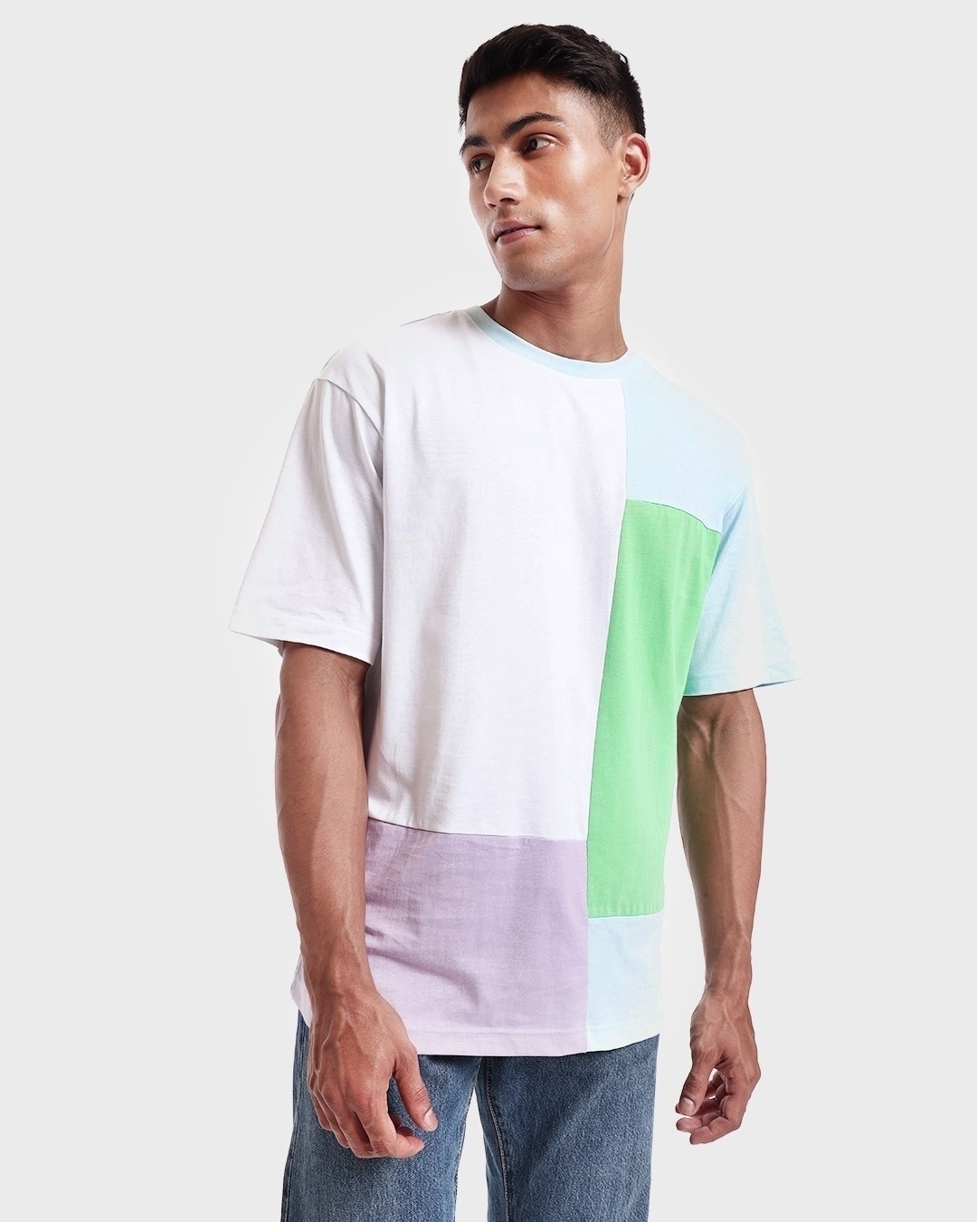 Buy Men S White Blue Color Block Oversized T Shirt Online At Bewakoof