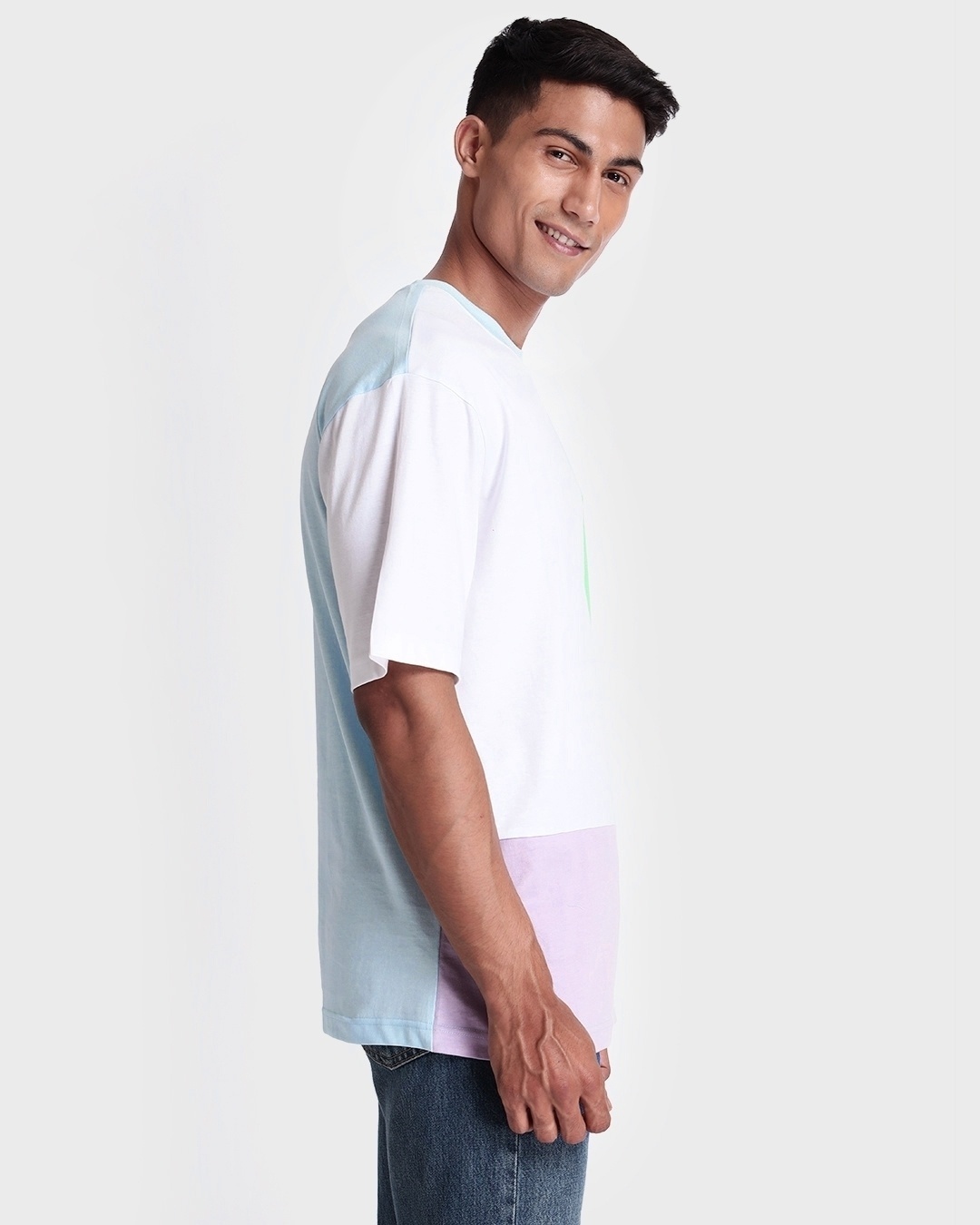 Shop Men's White & Blue Color Block Oversized T-shirt-Back