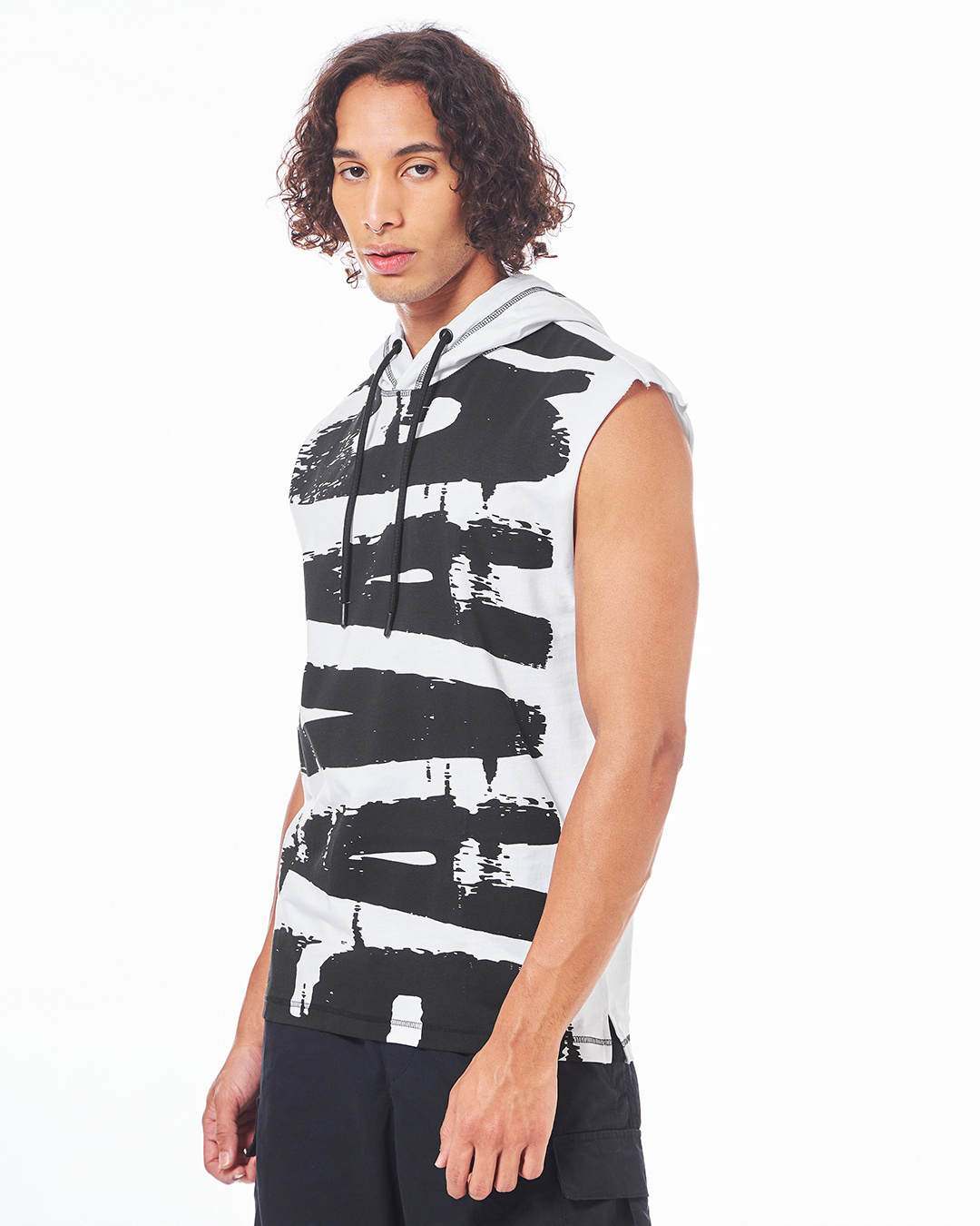 Shop Men's White & Black Graphic Printed Oversized Hooded Vest-Back