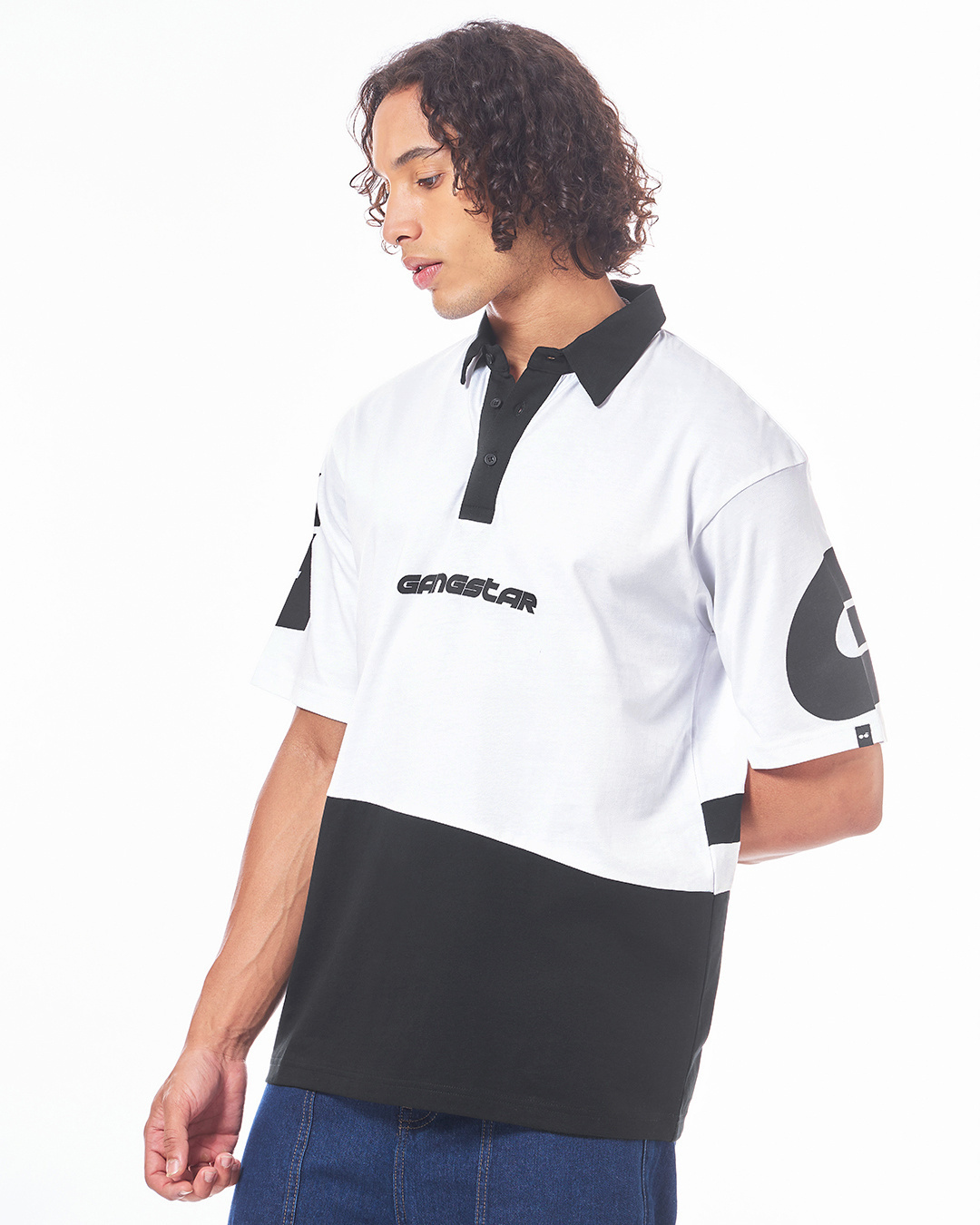 Shop Men's White & Black Color Block Oversized Polo T-shirt-Back