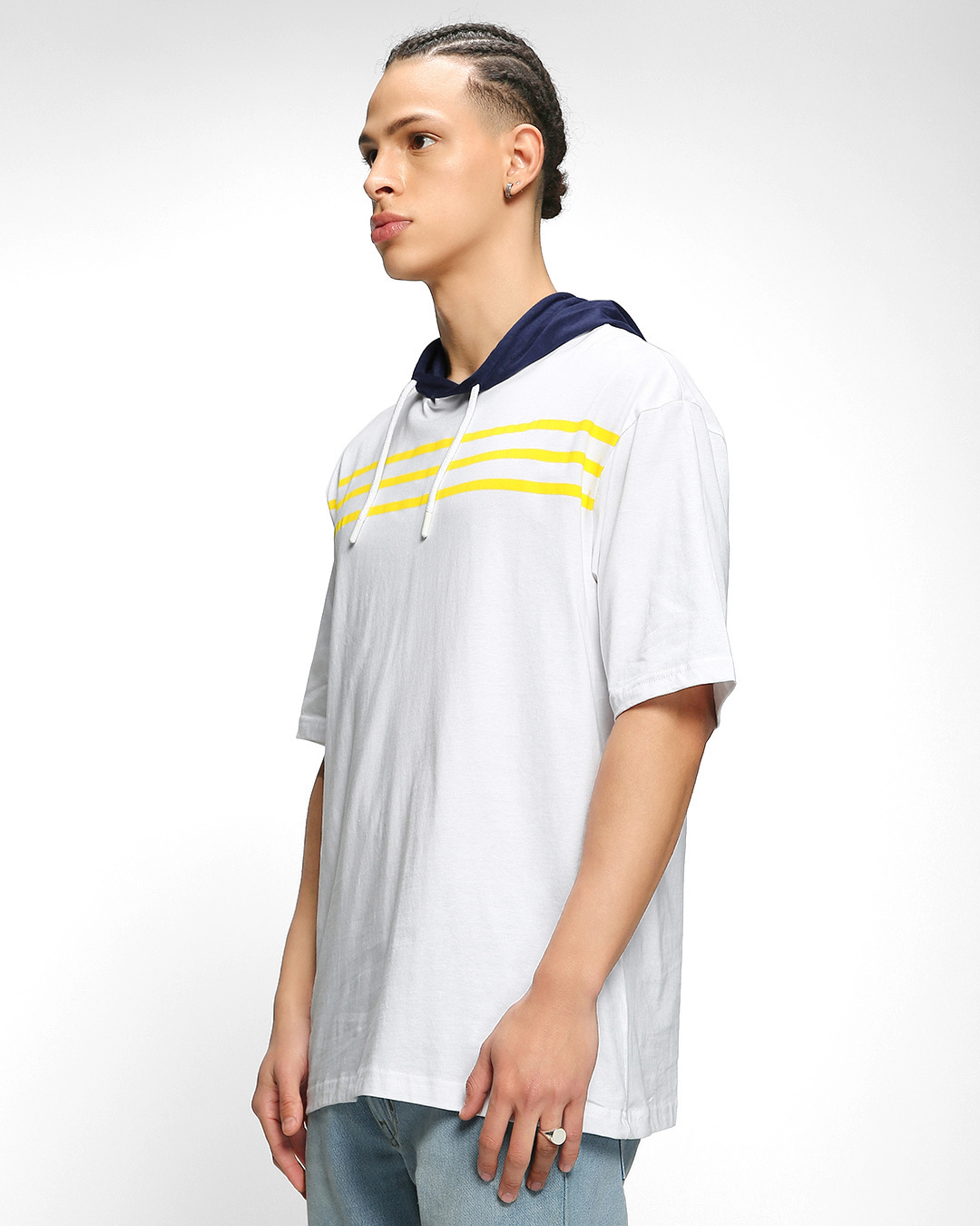 Shop Men's Bright White Striped Oversized Hoodie T-shirt-Back