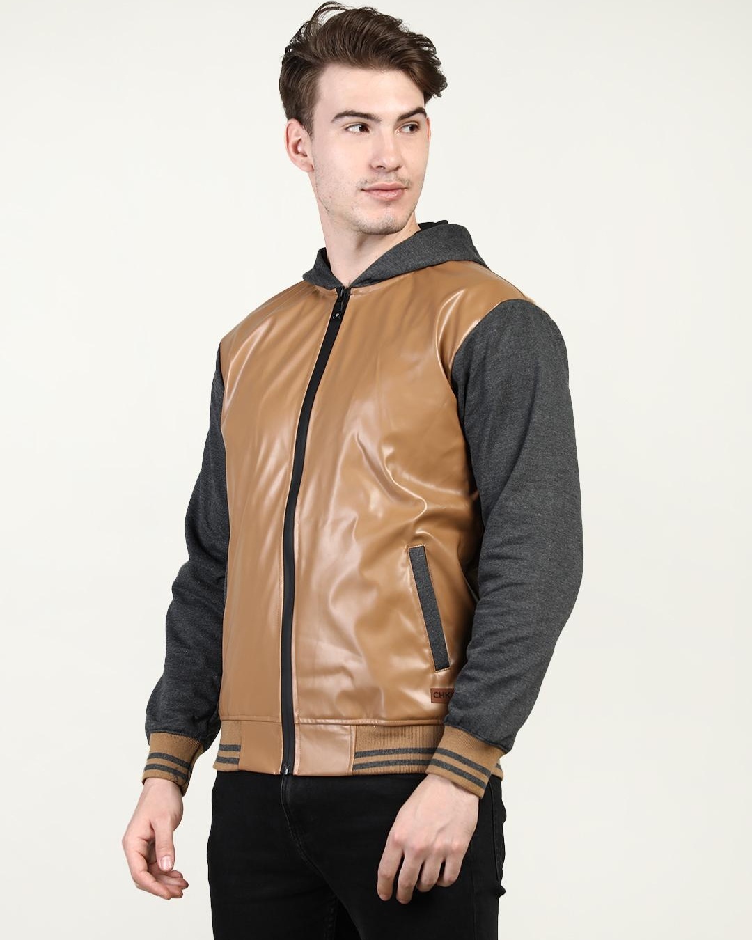 Shop Men's Brown & Grey Color Block Hooded Jacket-Back