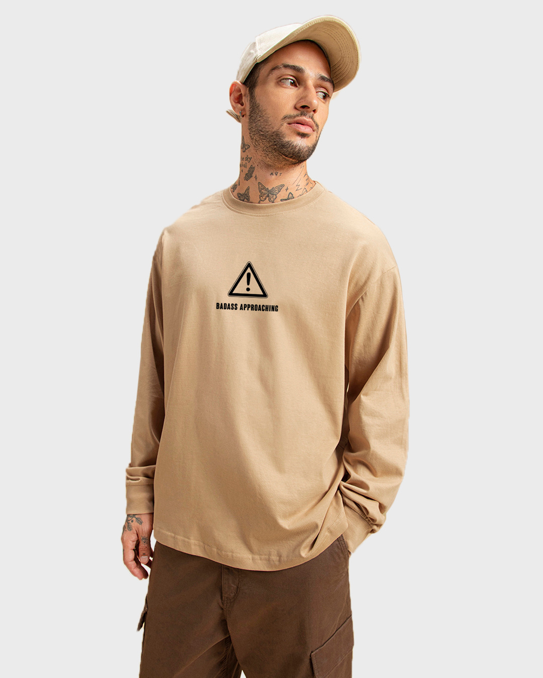 Buy Men's Brown Approach With Caution Graphic Printed Oversized T-shirt ...